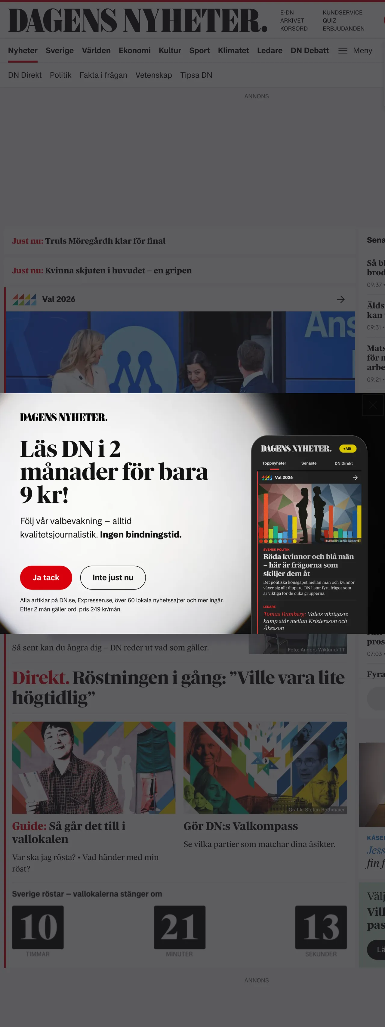 Screenshot of the Dagens Nyheter front page
