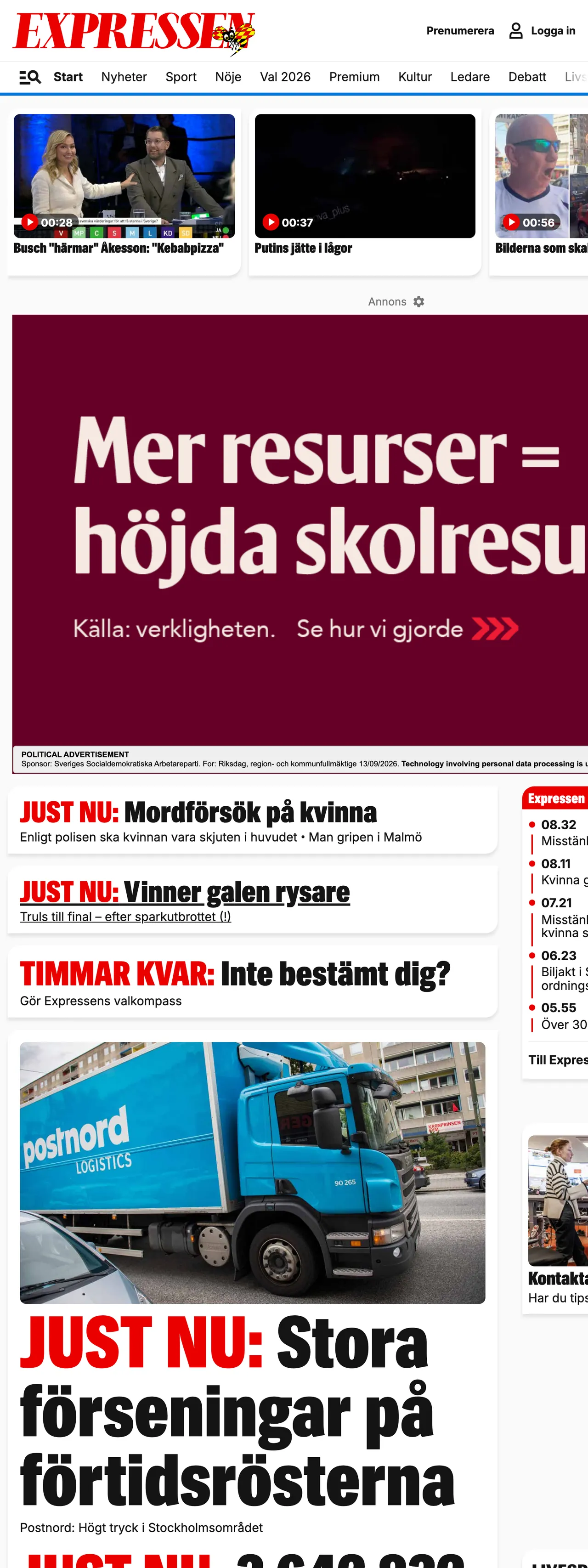 Screenshot of the Expressen front page