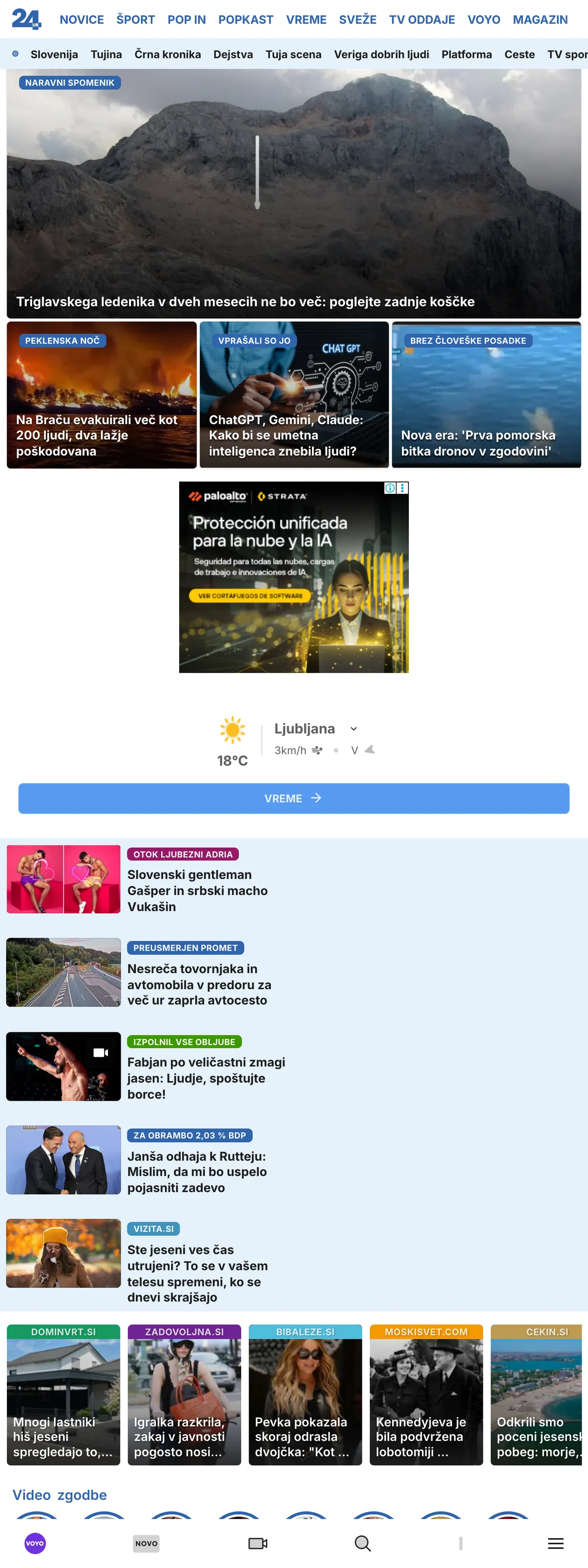 Screenshot of the 24ur front page