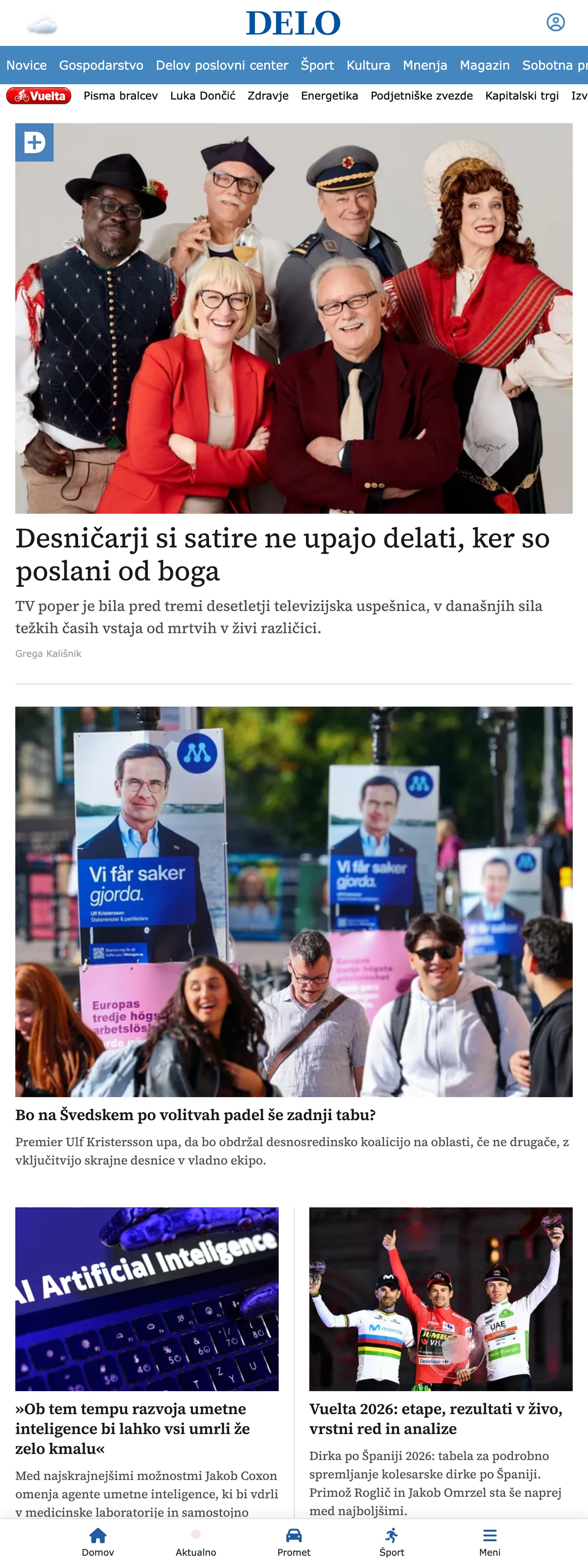 Screenshot of the Delo front page