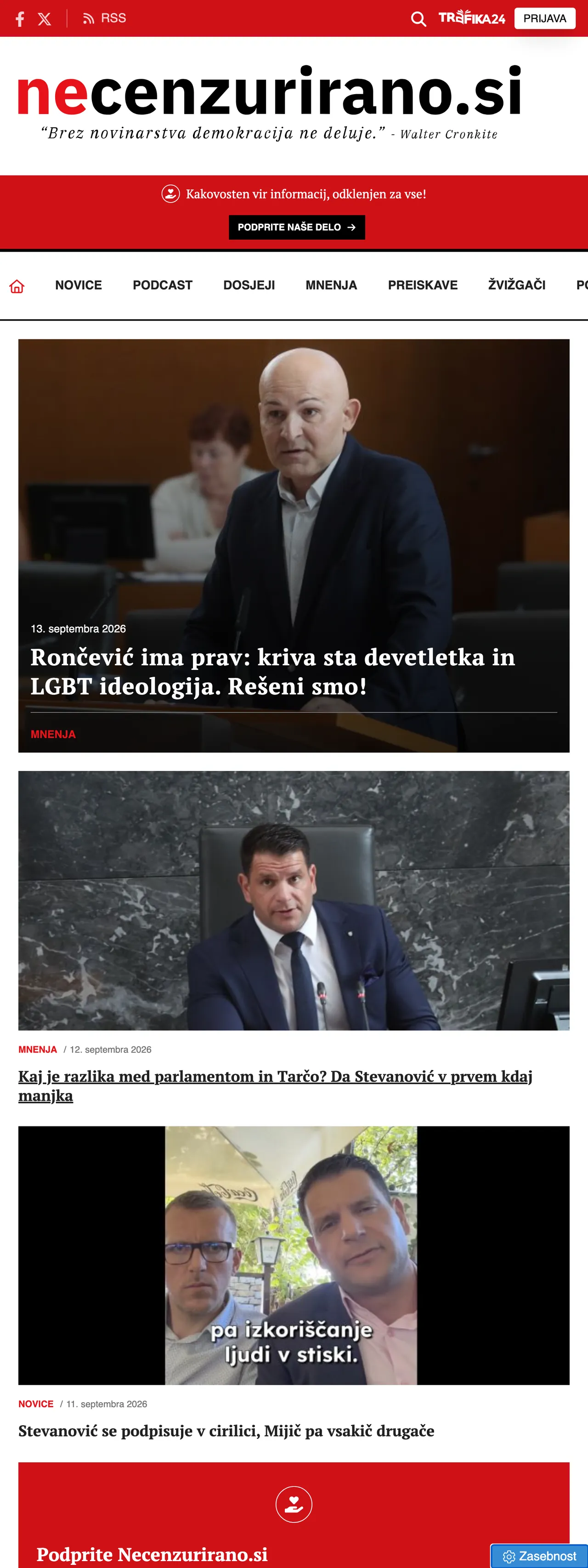 Screenshot of the Necenzurirano front page
