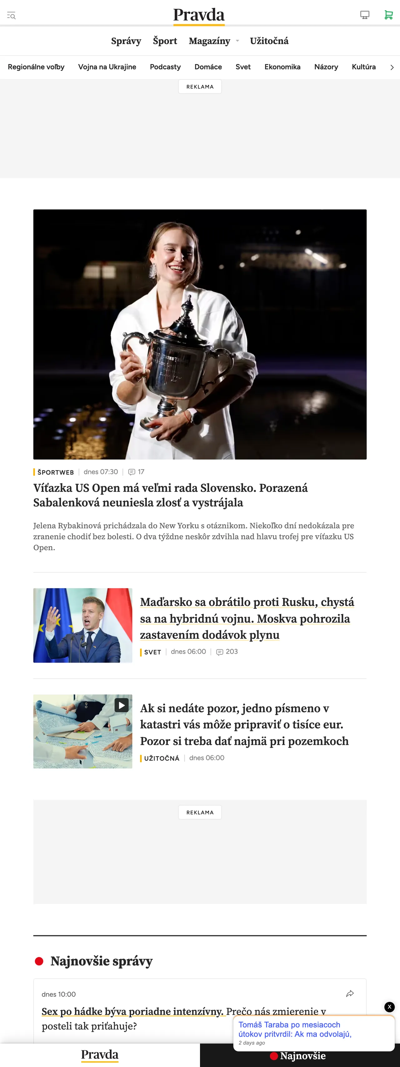Screenshot of the Pravda front page