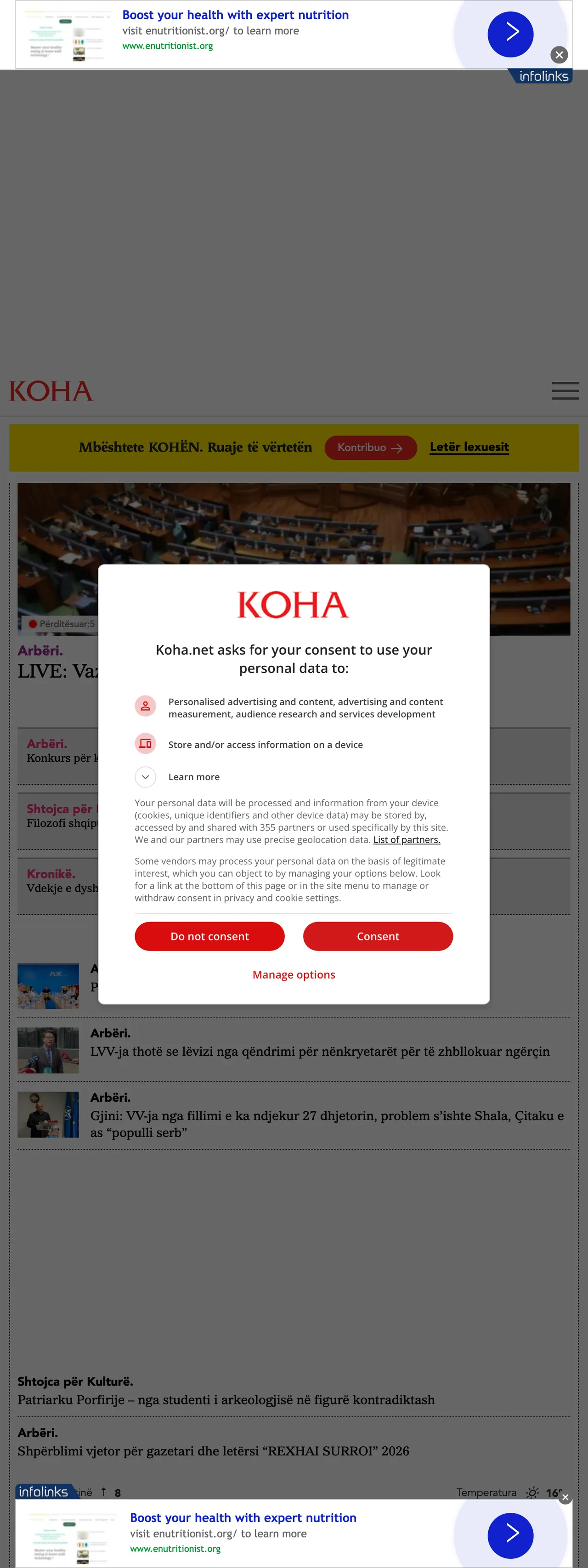 Screenshot of the Koha Ditore front page