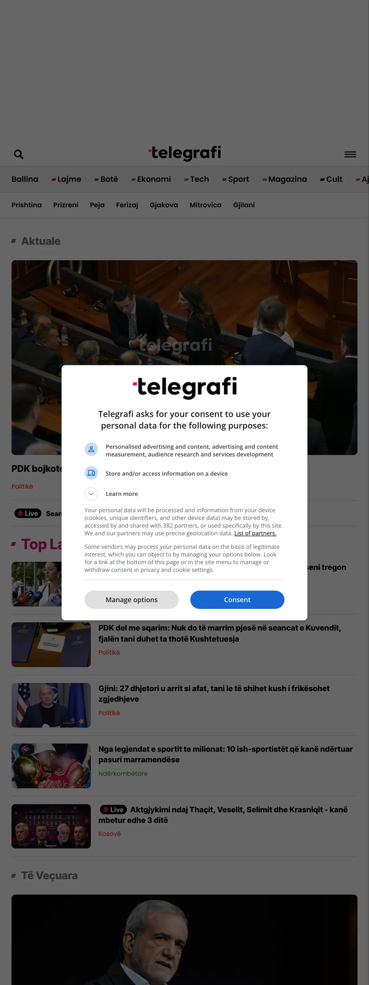 Screenshot of the Telegrafi front page