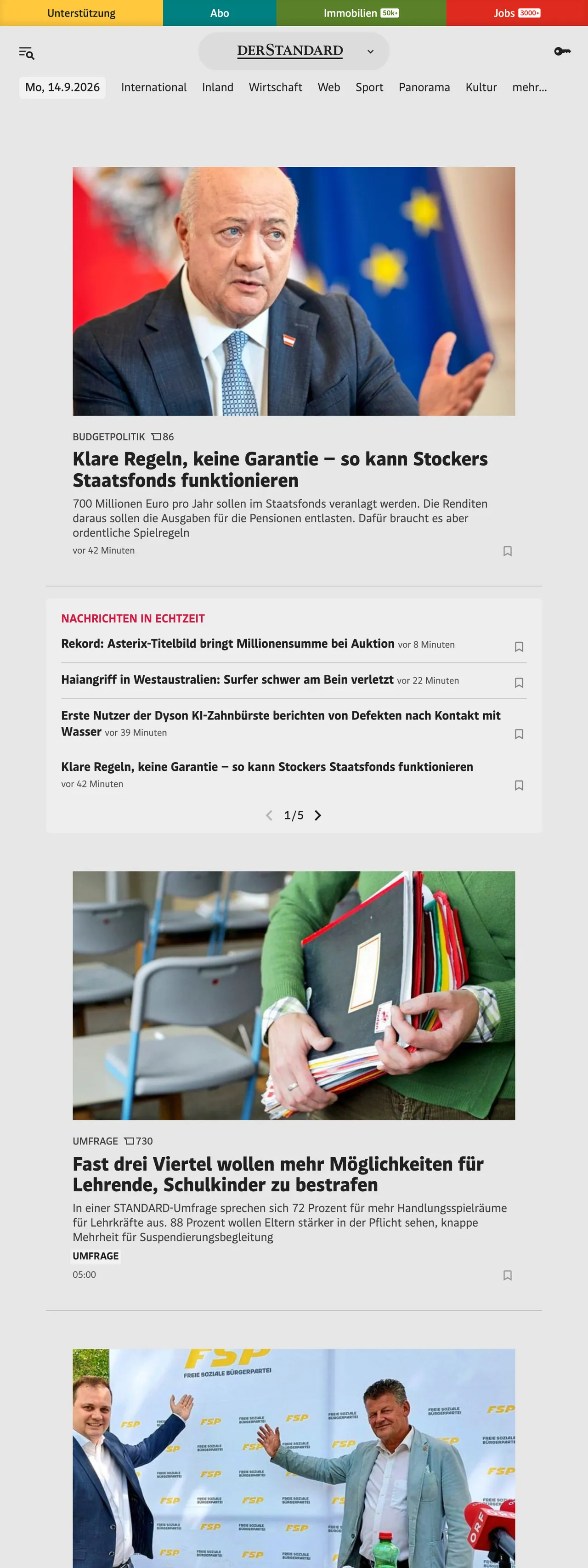Screenshot of the DER STANDARD front page