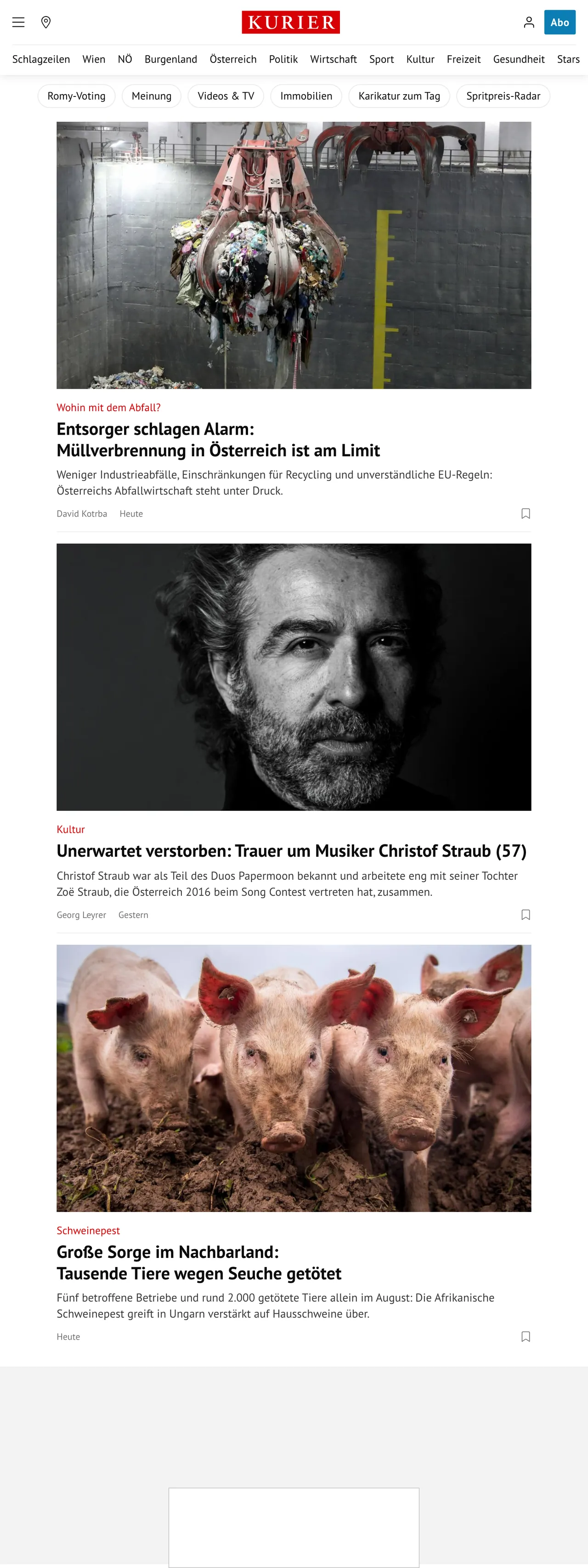 Screenshot of the Kurier front page