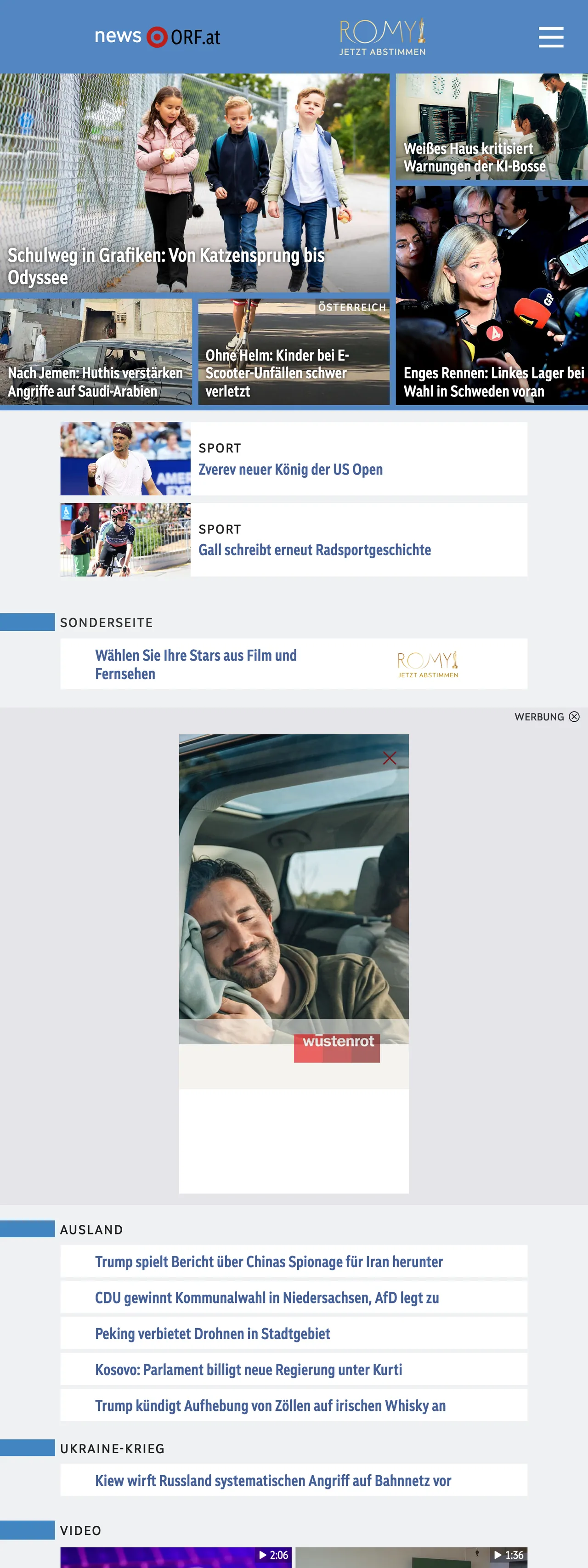 Screenshot of the ORF front page