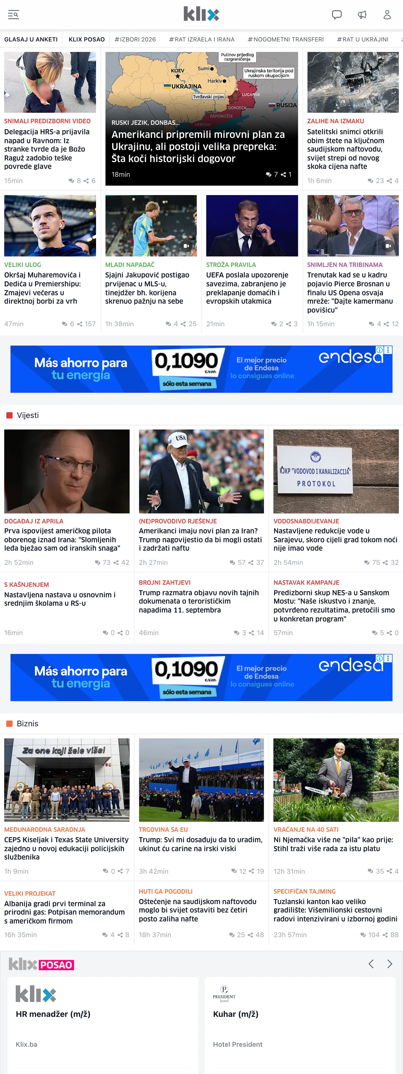 Screenshot of the Klix.ba front page