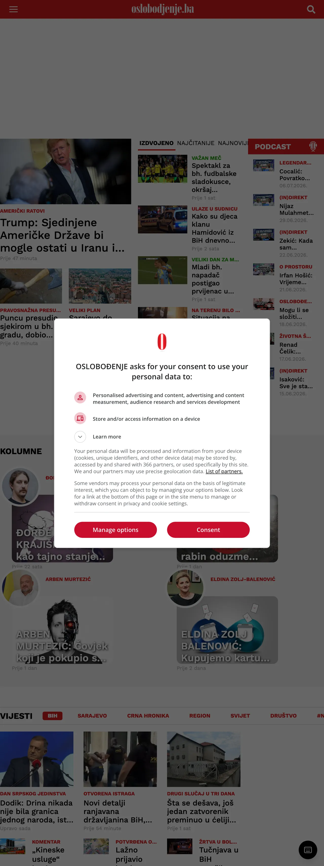 Screenshot of the Oslobođenje front page