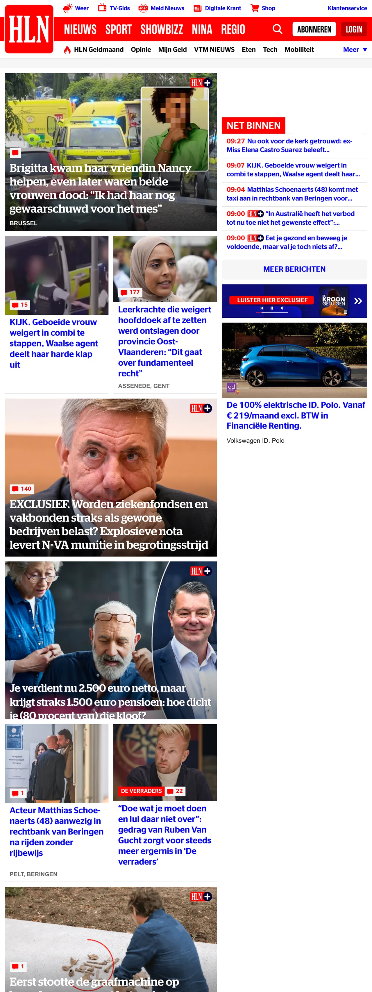 Screenshot of the HLN front page