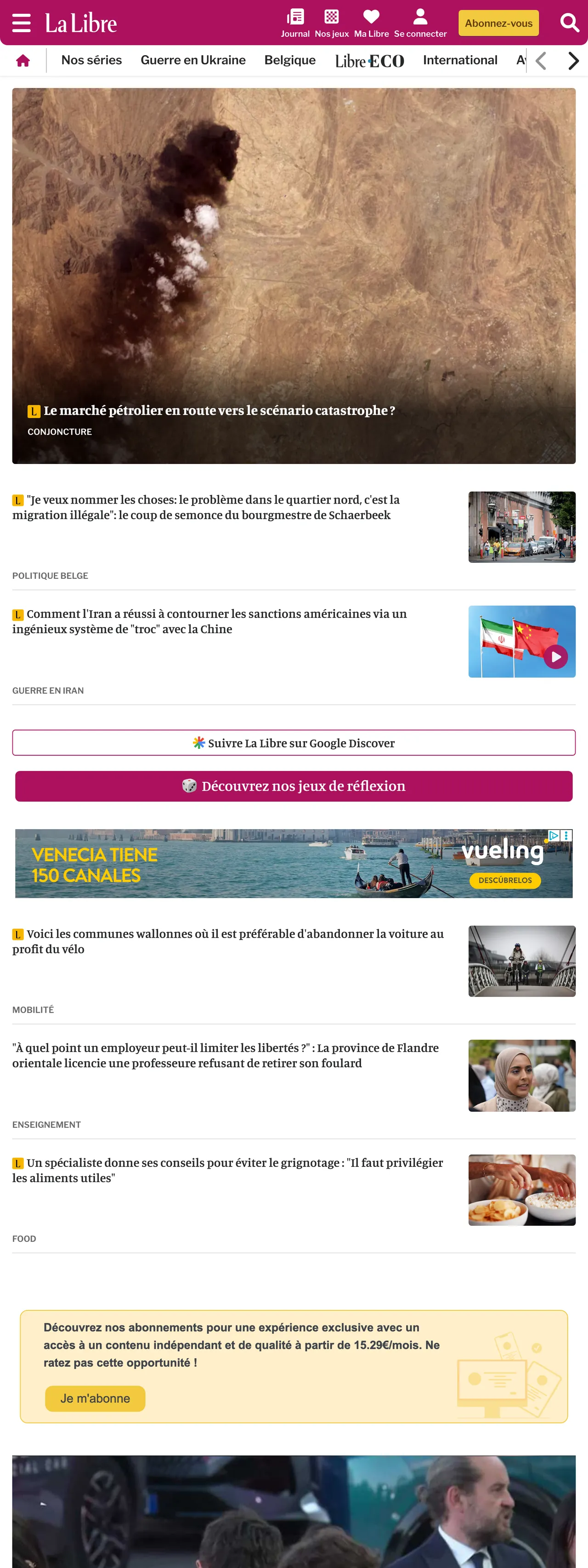 Screenshot of the La Libre front page