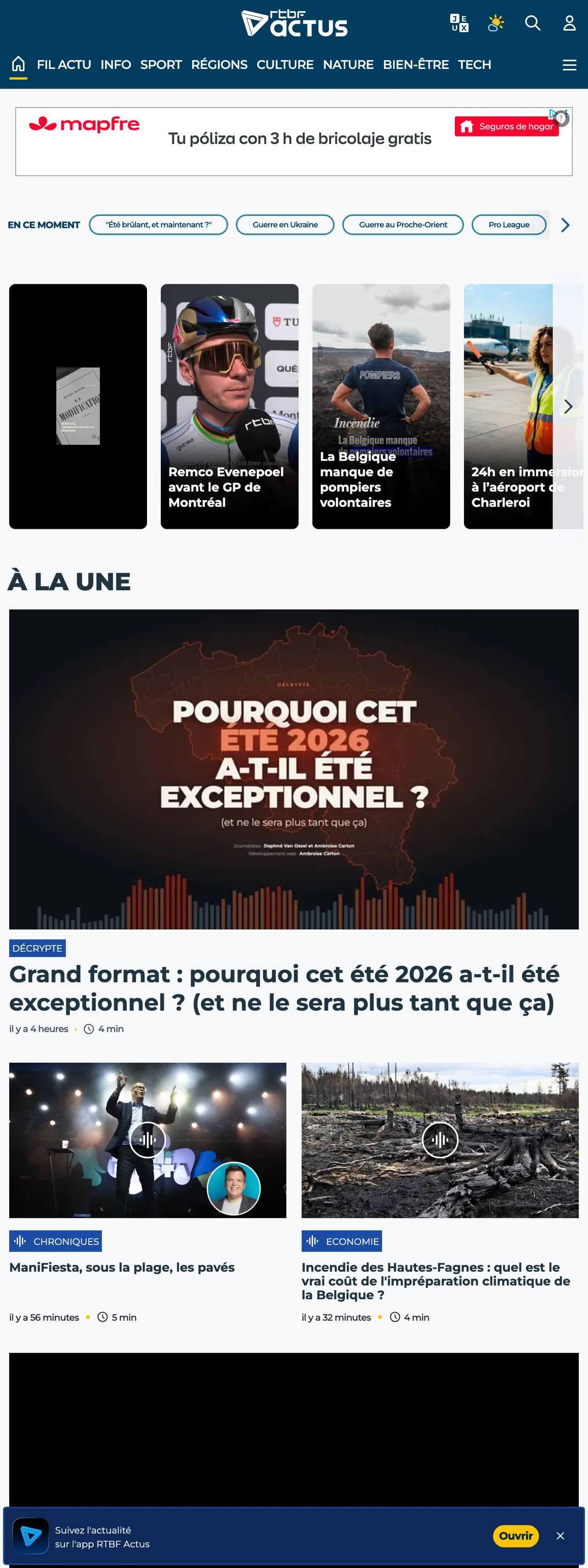 Screenshot of the RTBF front page