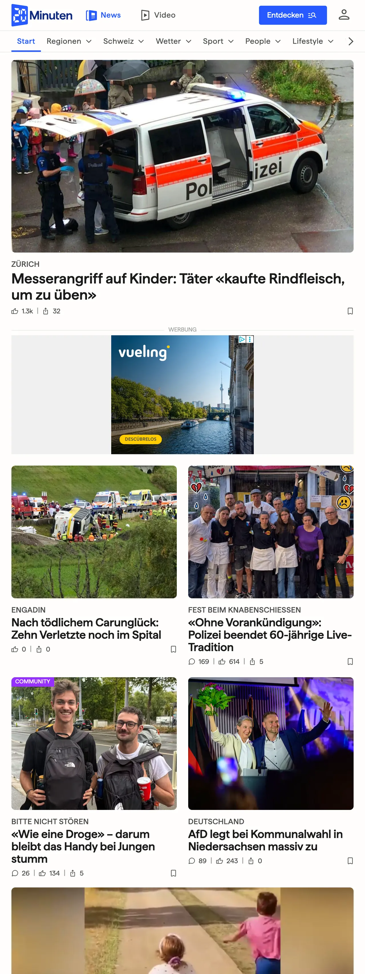 Screenshot of the 20 Minuten front page