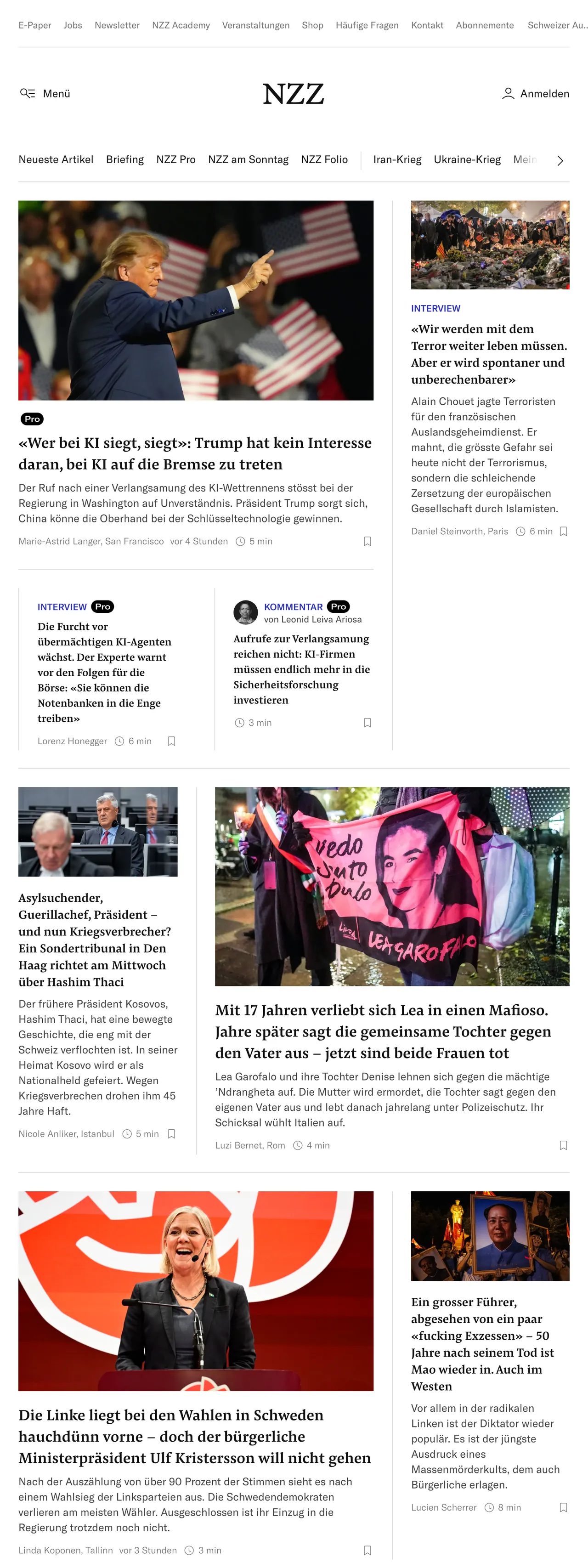 Screenshot of the Neue Zürcher Zeitung front page