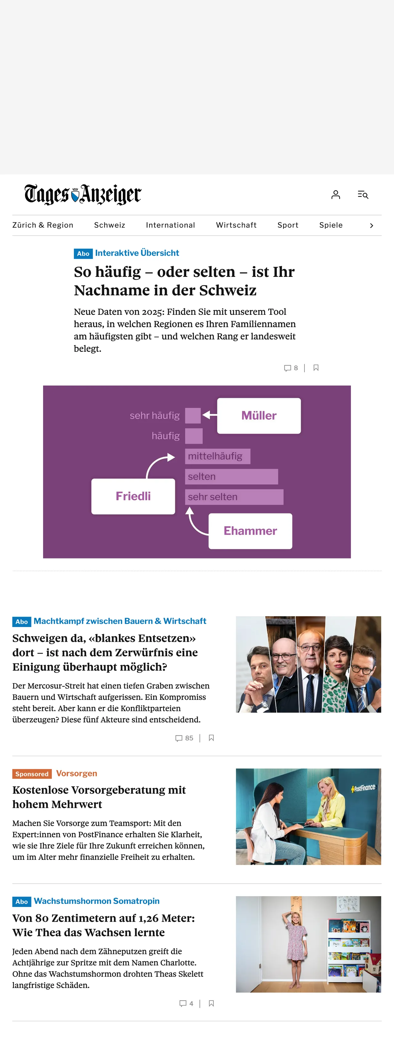 Screenshot of the Tages-Anzeiger front page
