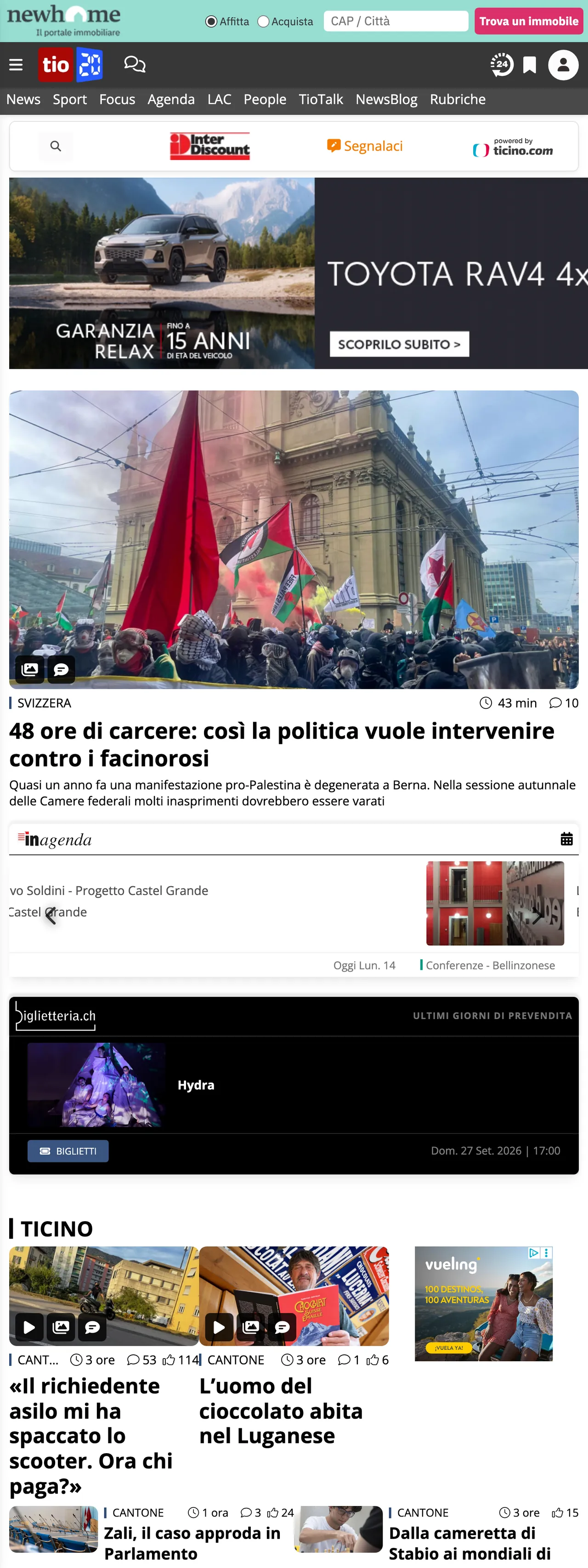 Screenshot of the Ticinonline front page