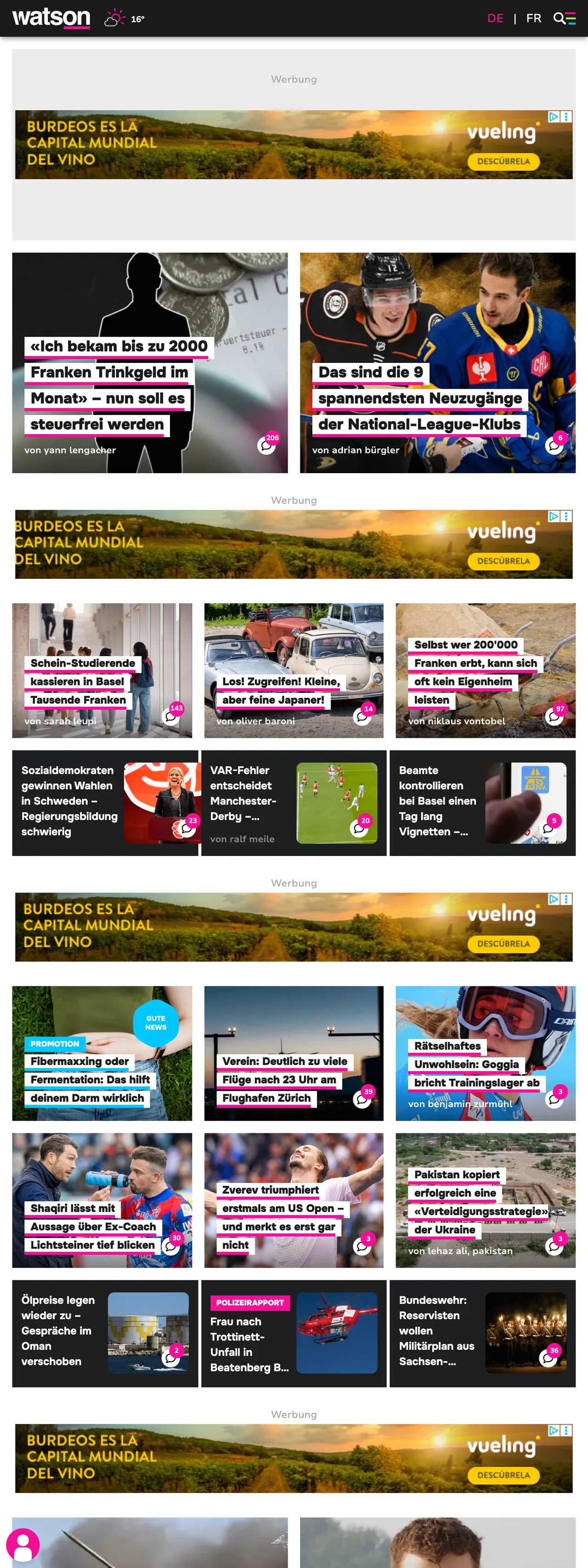 Screenshot of the watson front page