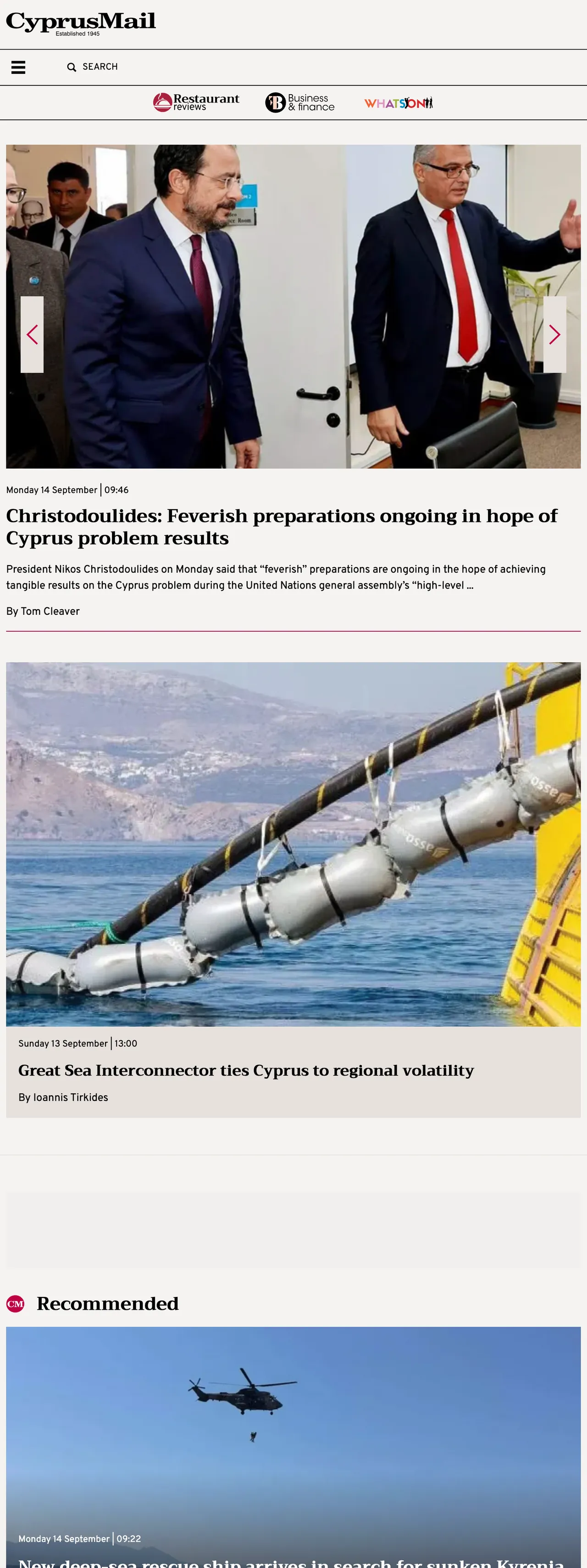 Screenshot of the Cyprus Mail front page