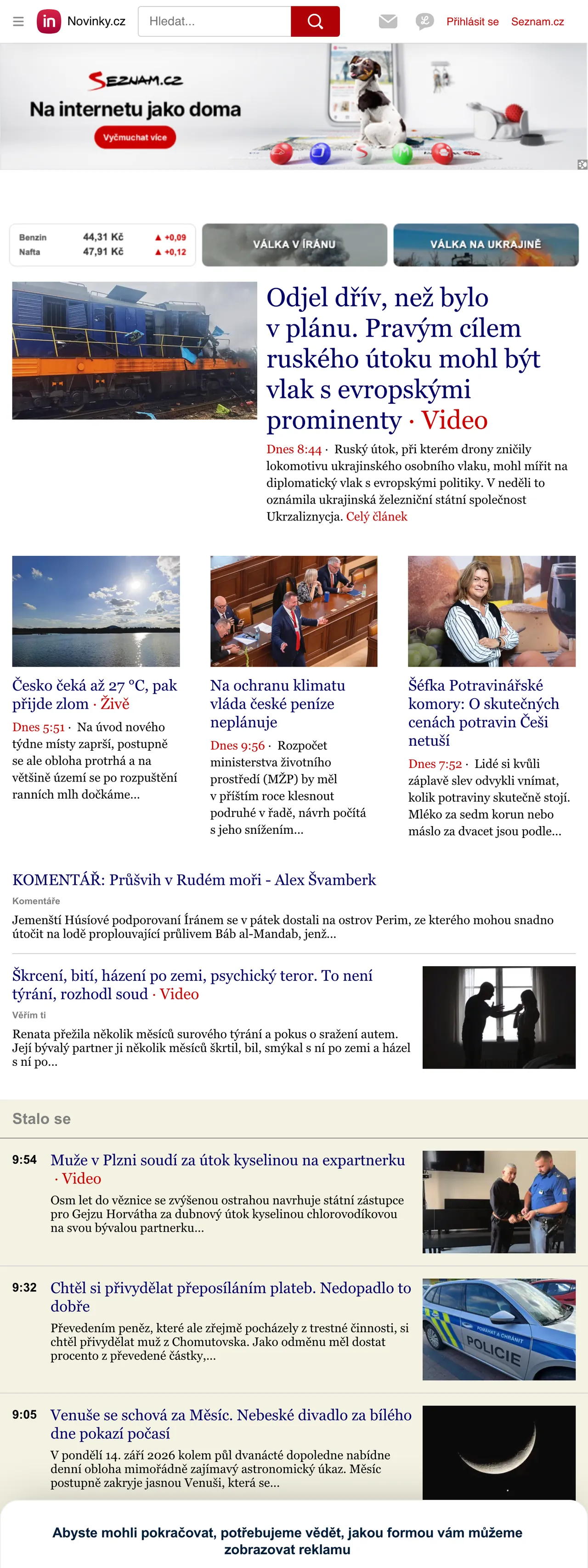Screenshot of the Novinky.cz front page