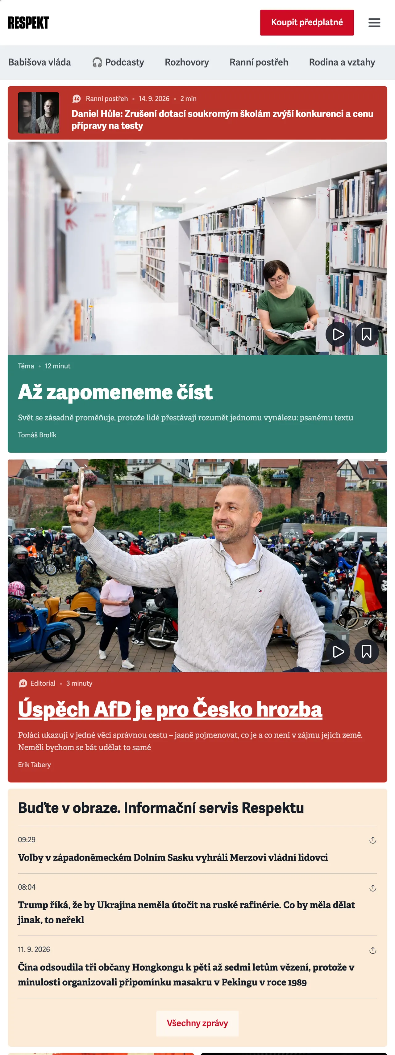 Screenshot of the Respekt front page
