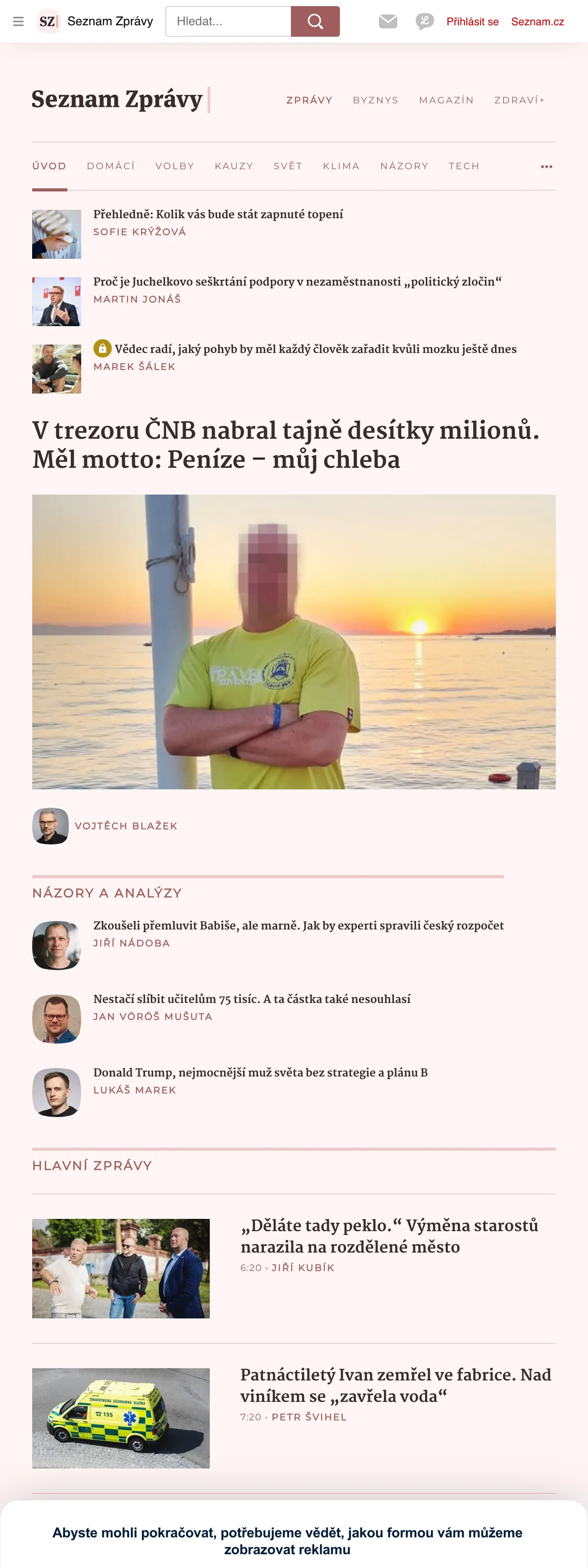 Screenshot of the Seznam Zprávy front page