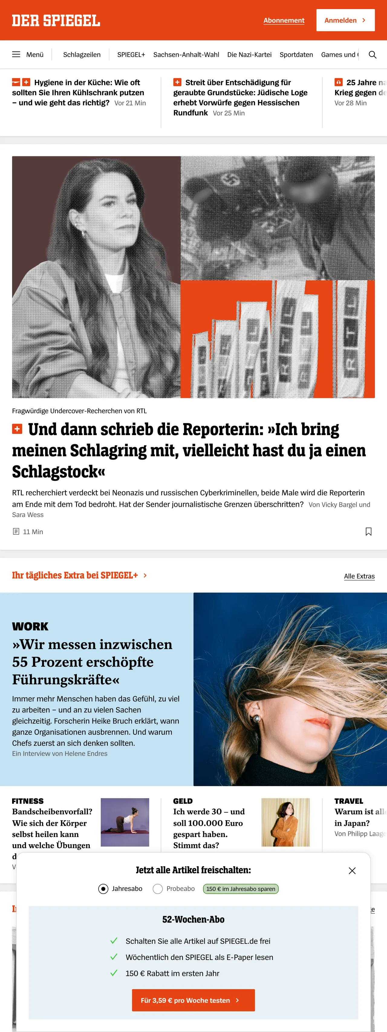 Screenshot of the DER SPIEGEL front page