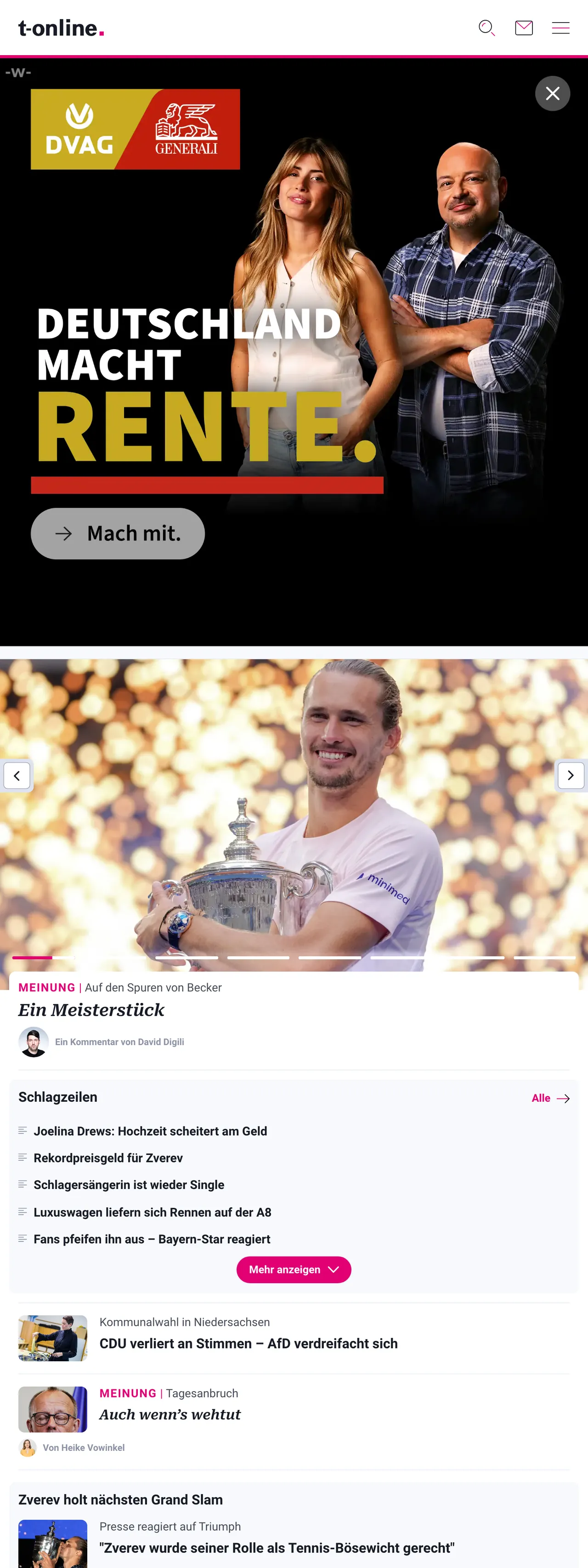 Screenshot of the t-online front page