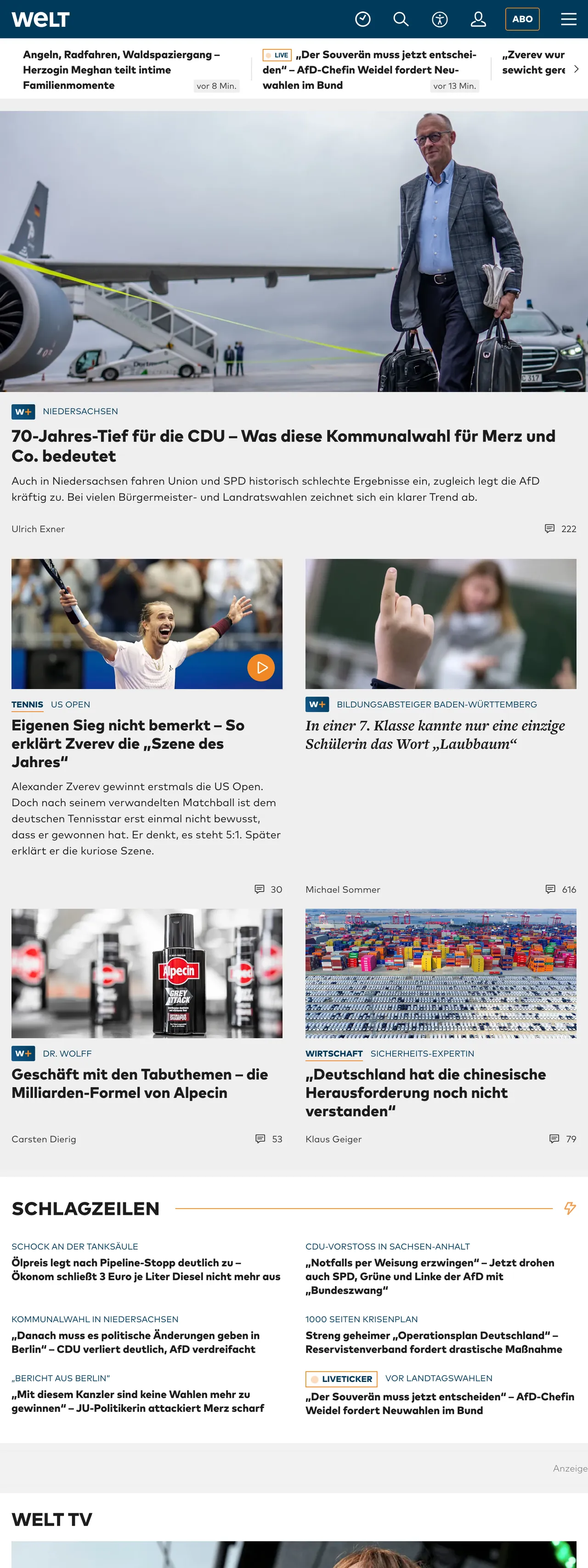 Screenshot of the WELT front page