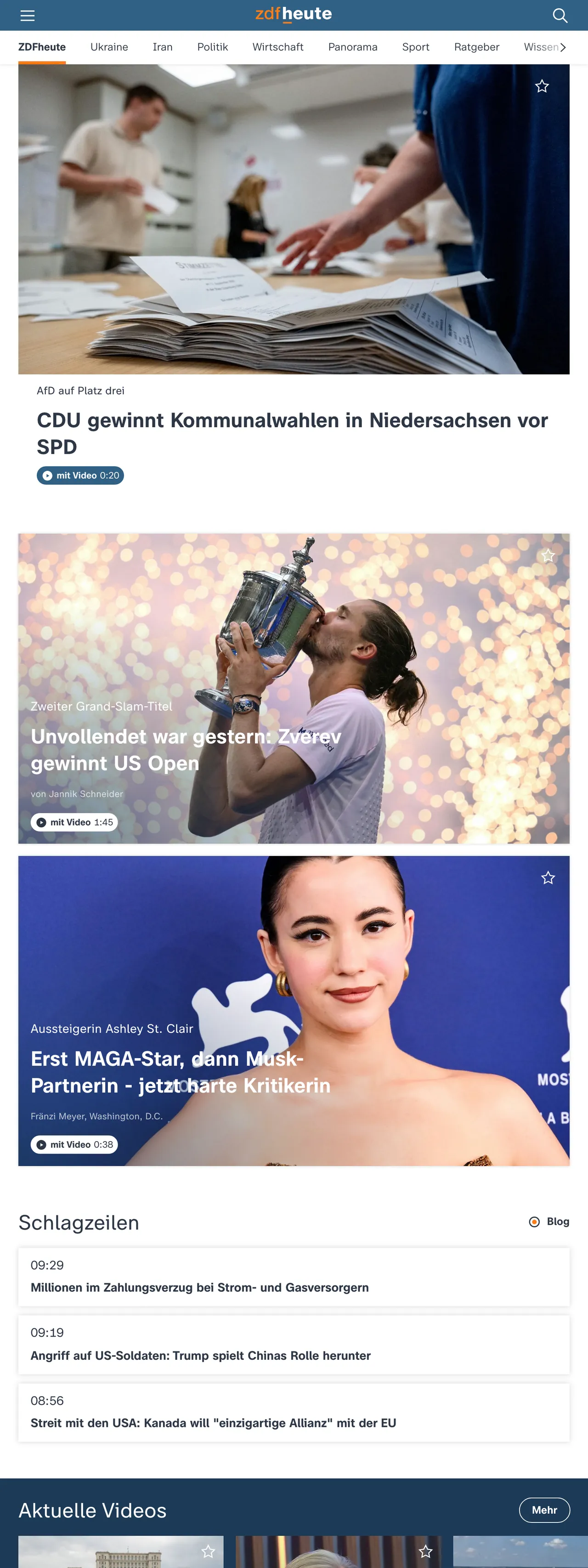 Screenshot of the ZDFheute front page