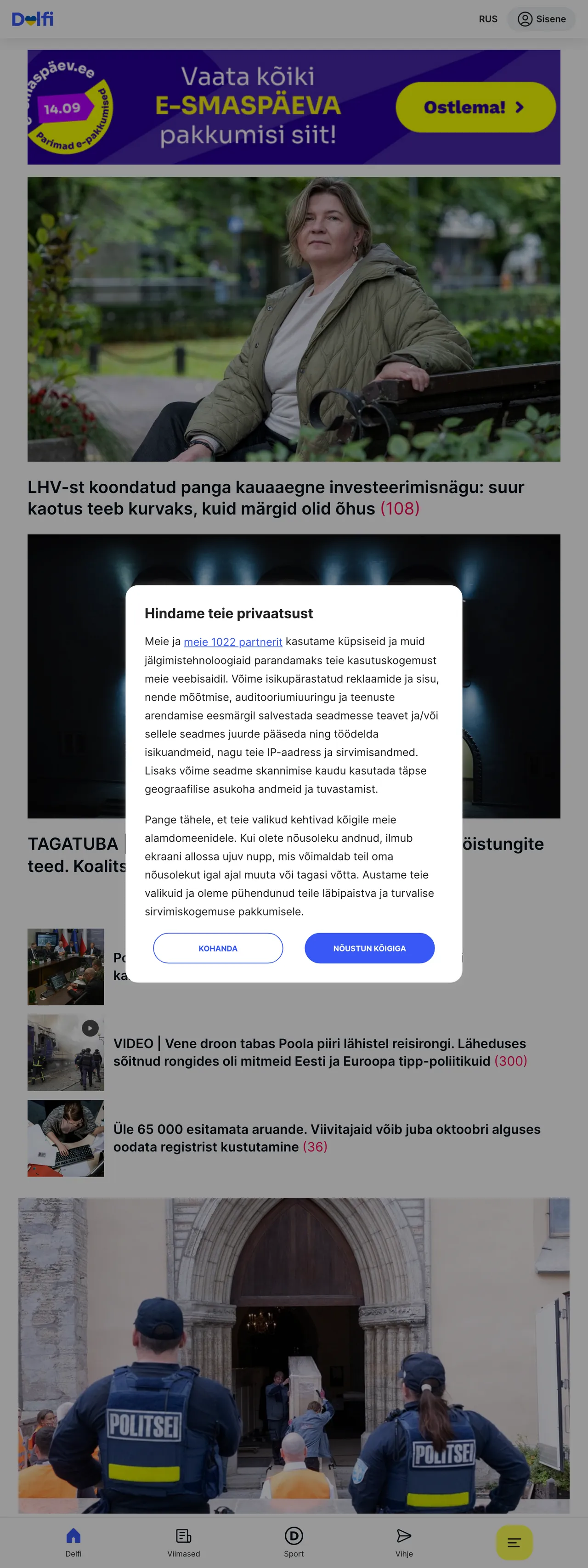 Screenshot of the Delfi front page
