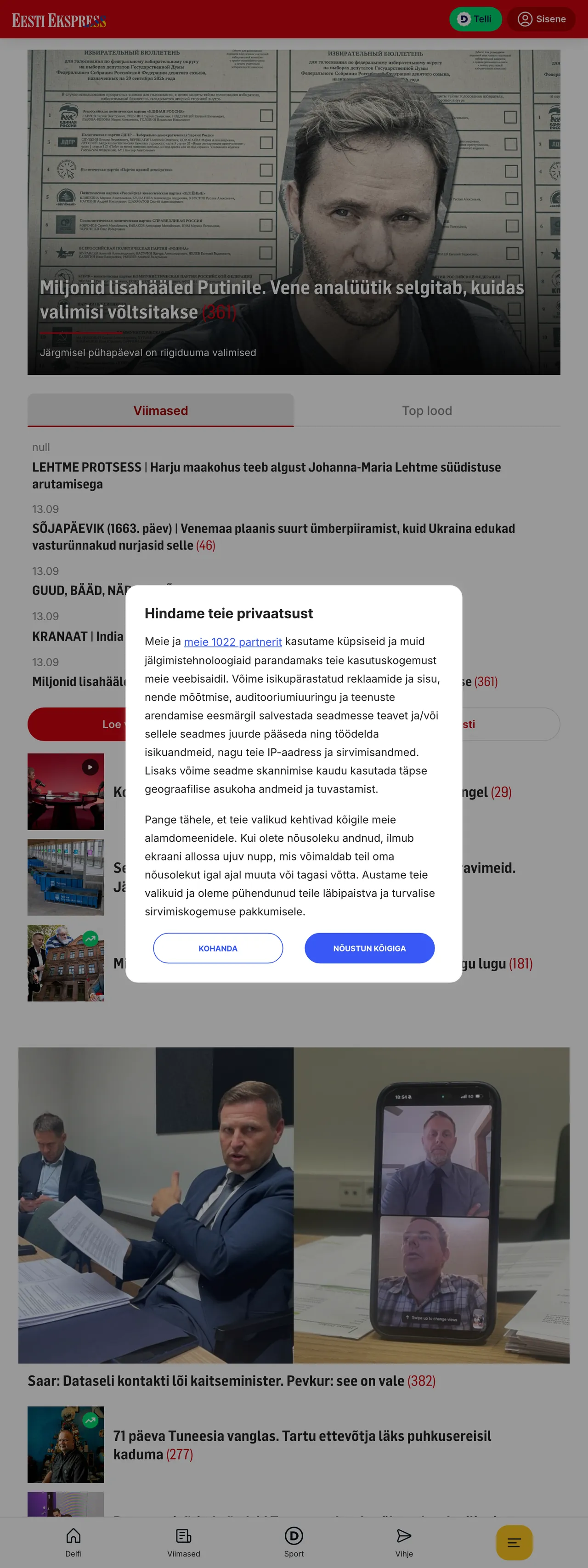 Screenshot of the Eesti Ekspress front page