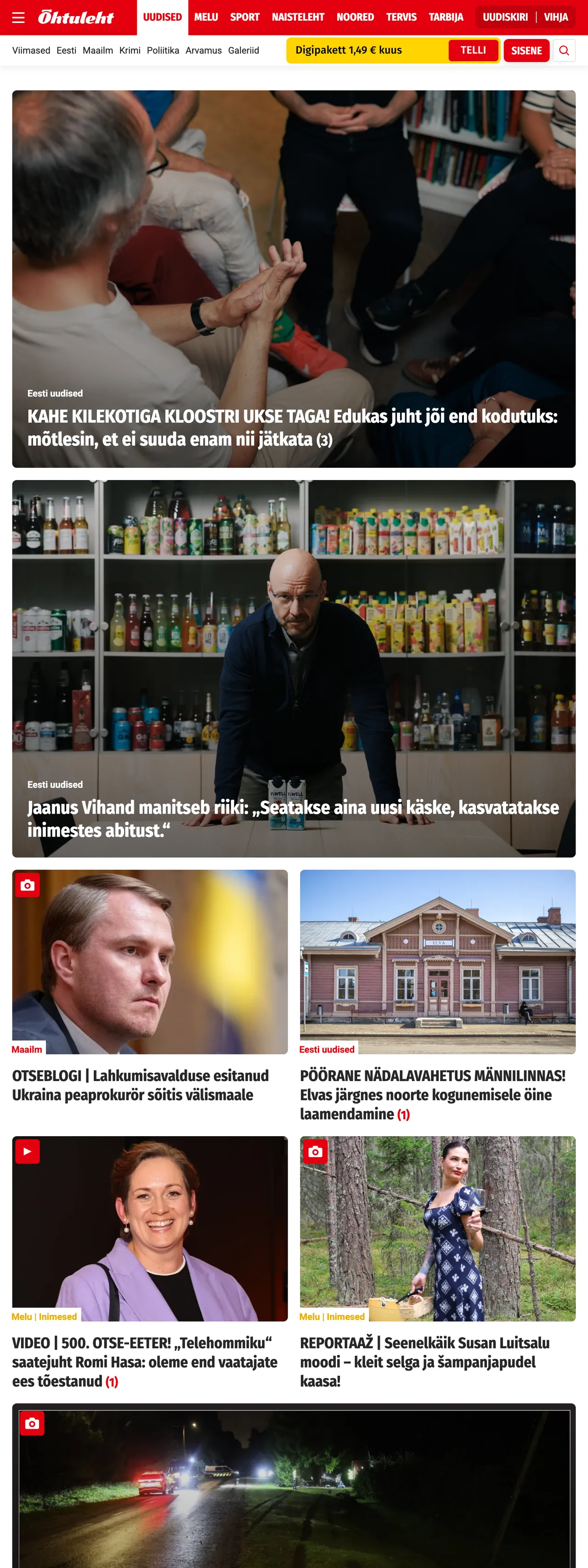 Screenshot of the Õhtuleht front page