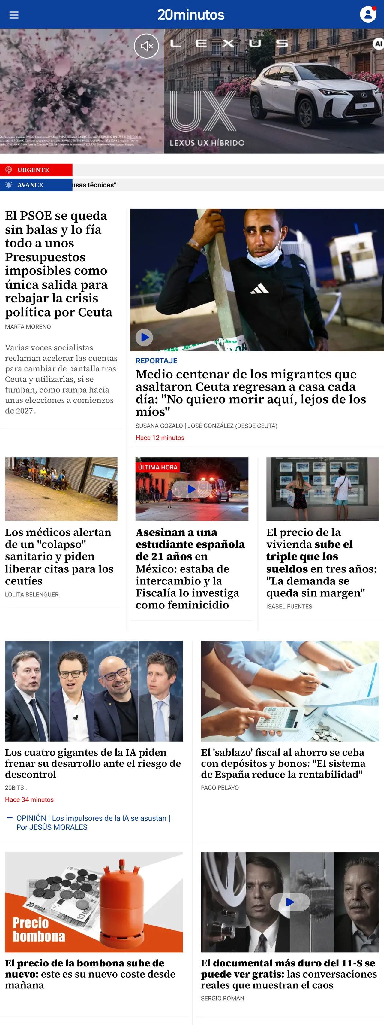 Screenshot of the 20minutos front page
