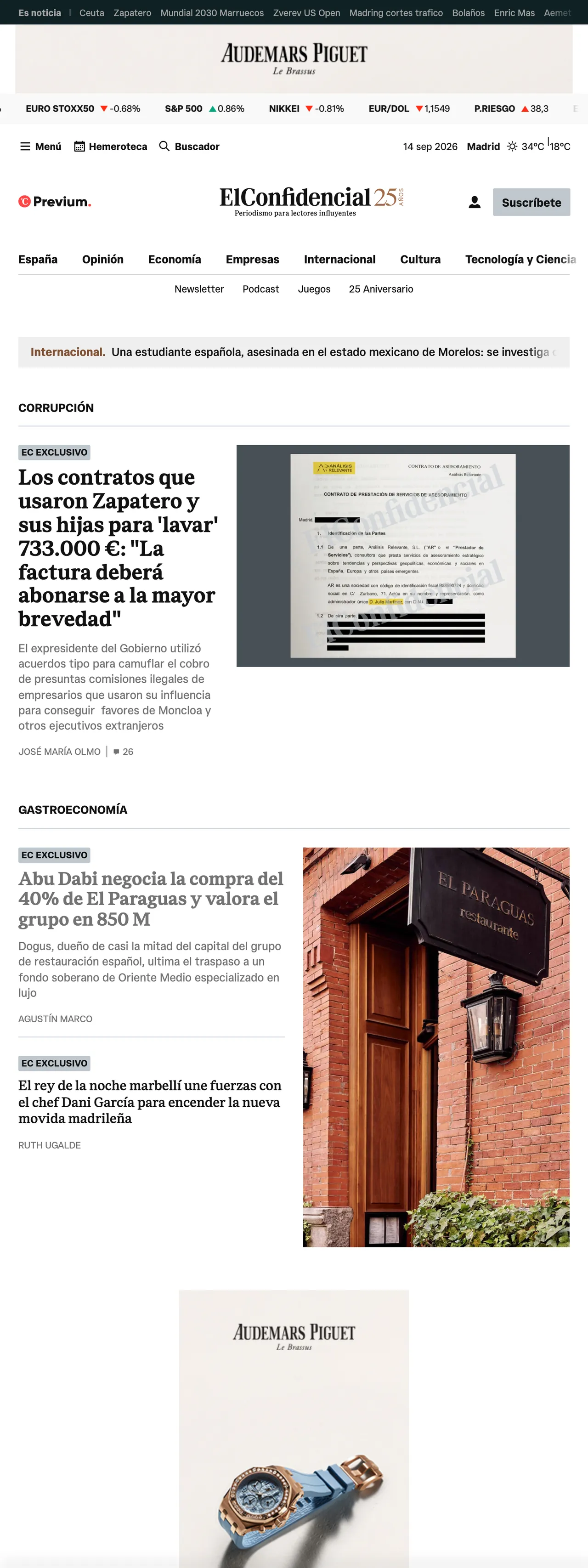 Screenshot of the El Confidencial front page