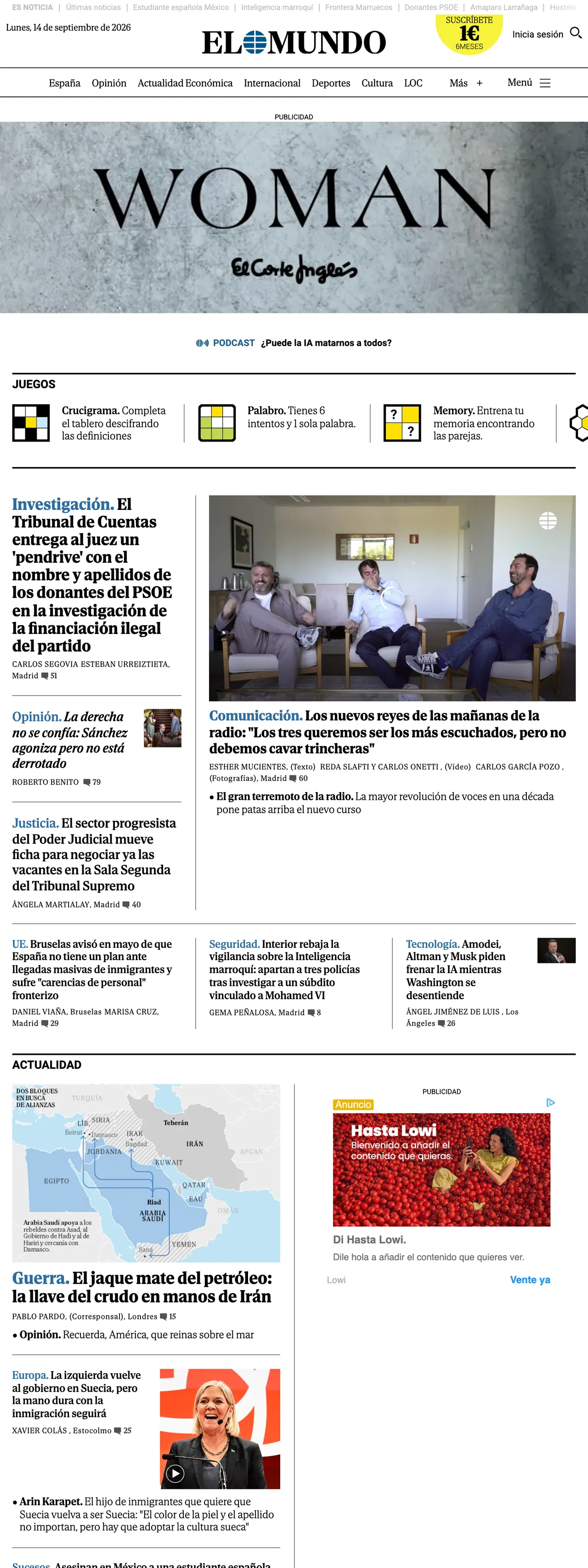 Screenshot of the El Mundo front page