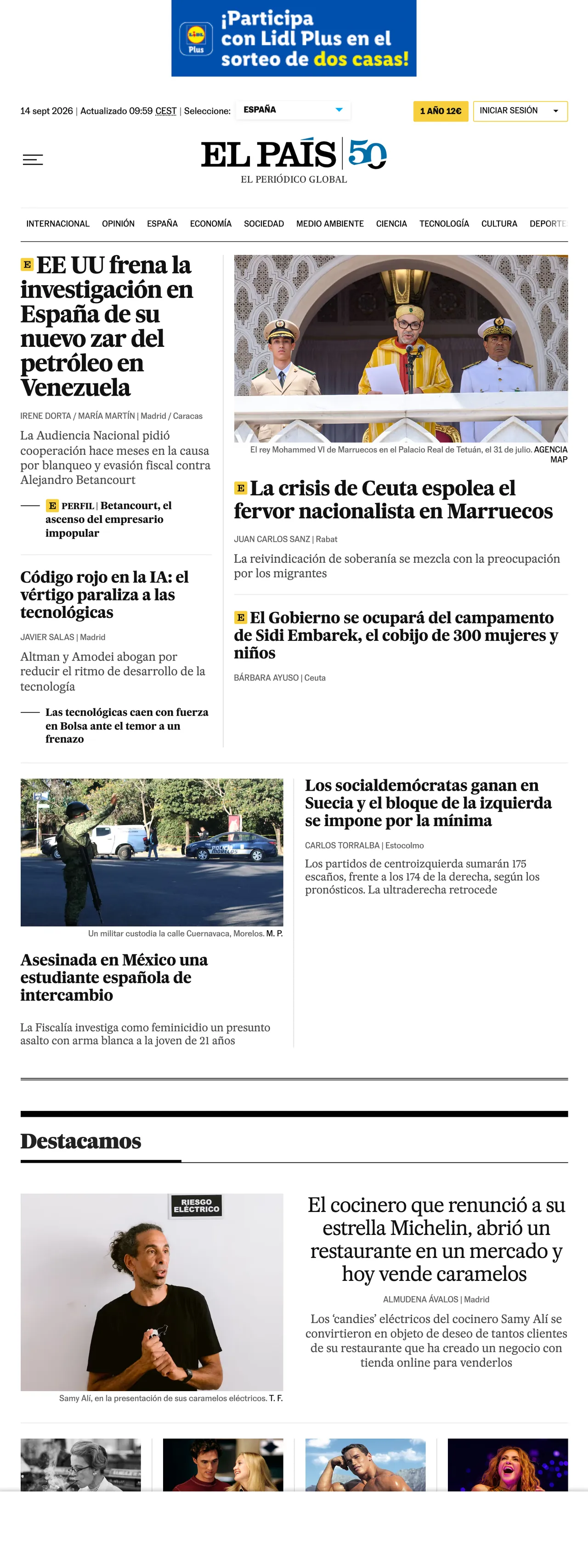 Screenshot of the EL PAÍS front page