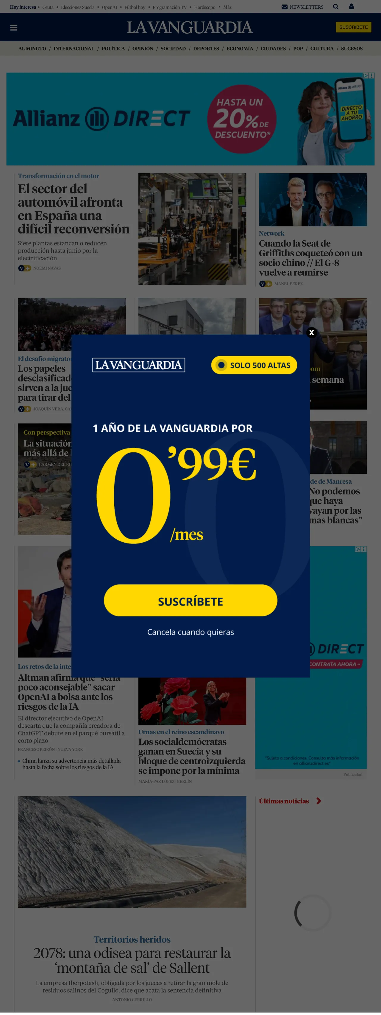 Screenshot of the La Vanguardia front page