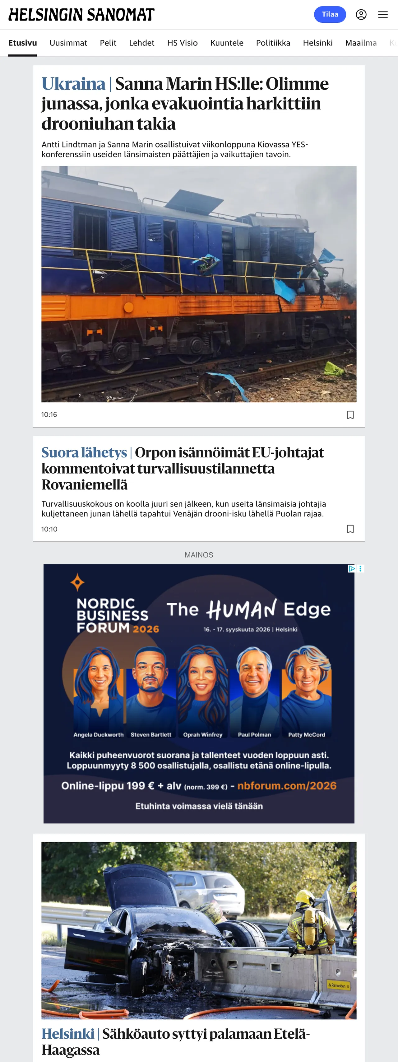 Screenshot of the Helsingin Sanomat front page
