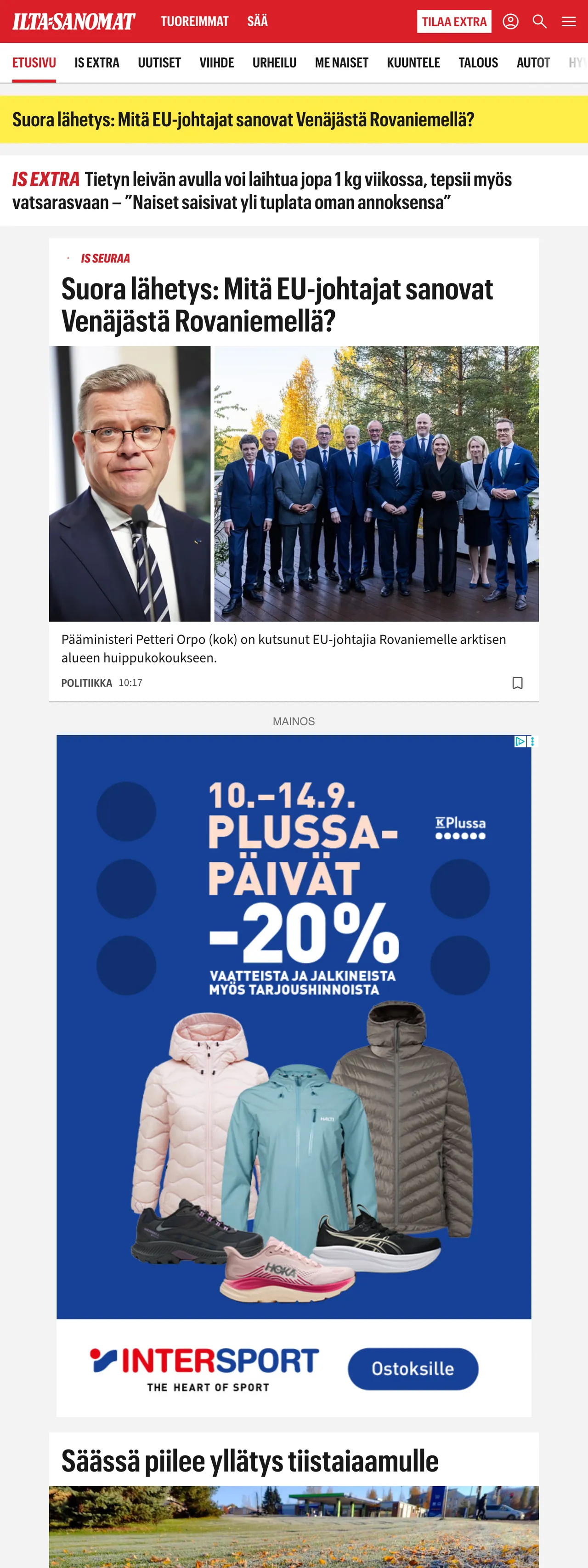 Screenshot of the Ilta-Sanomat front page