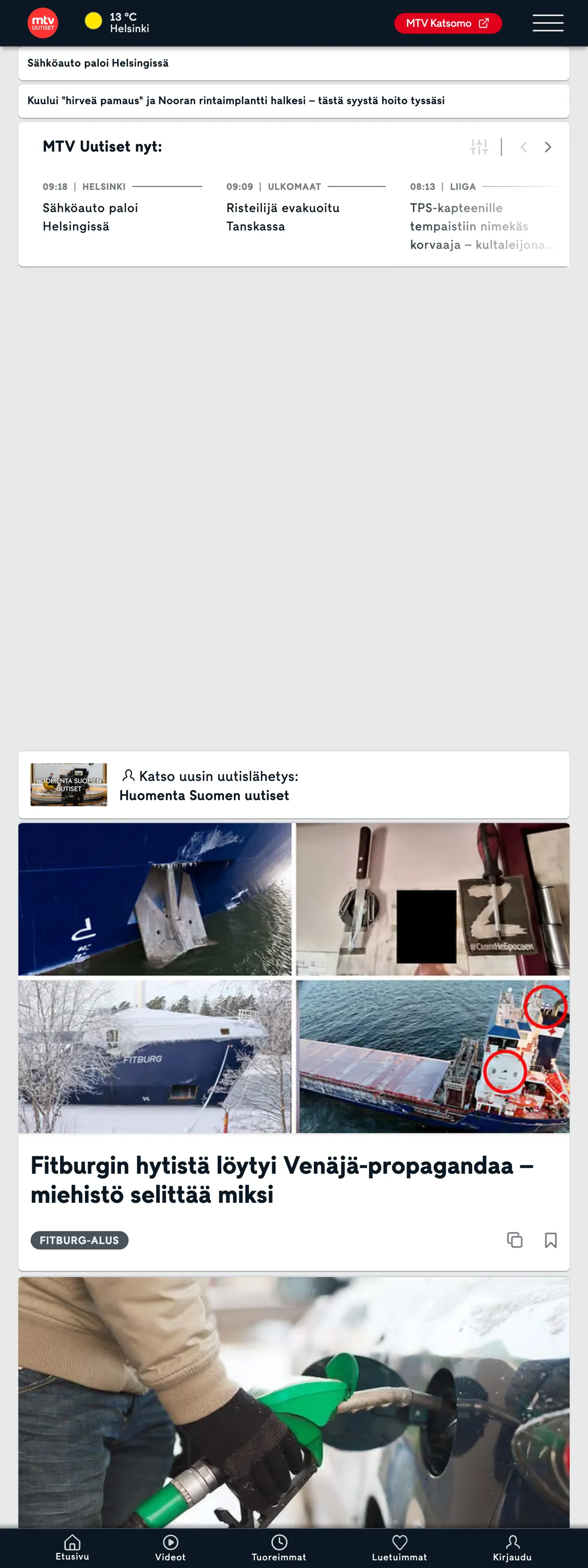 Screenshot of the MTV Uutiset front page