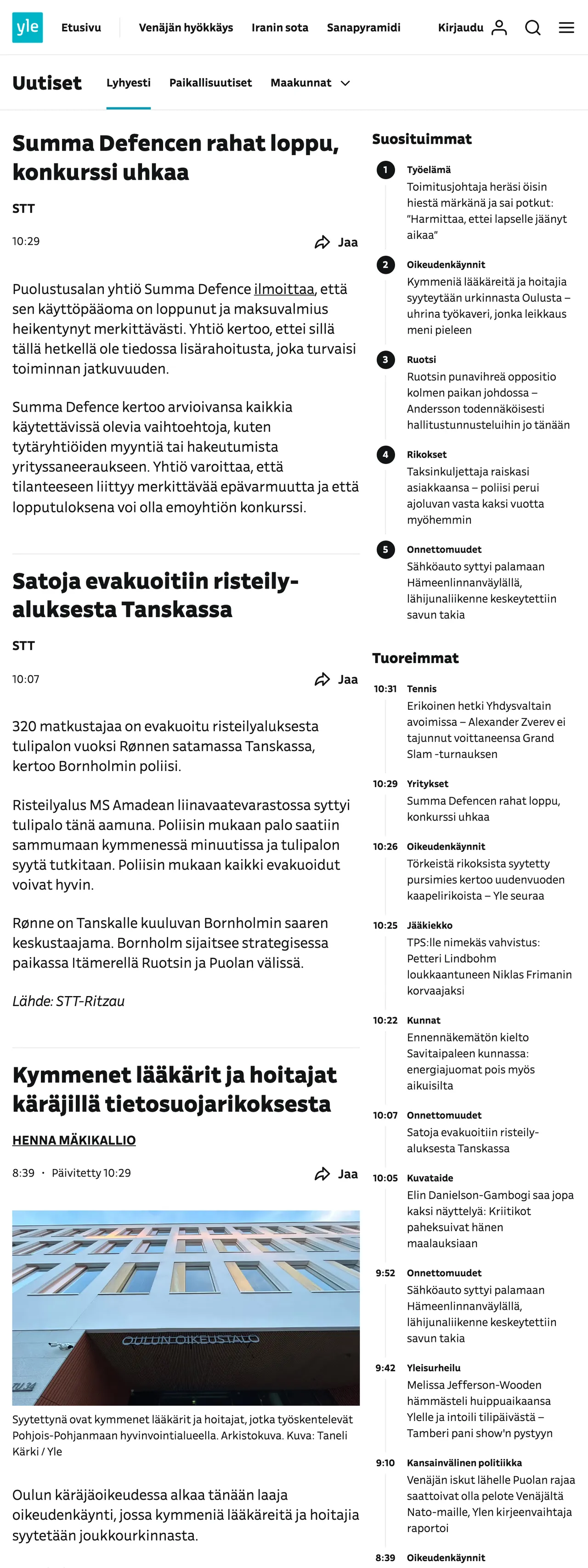 Screenshot of the Yle front page