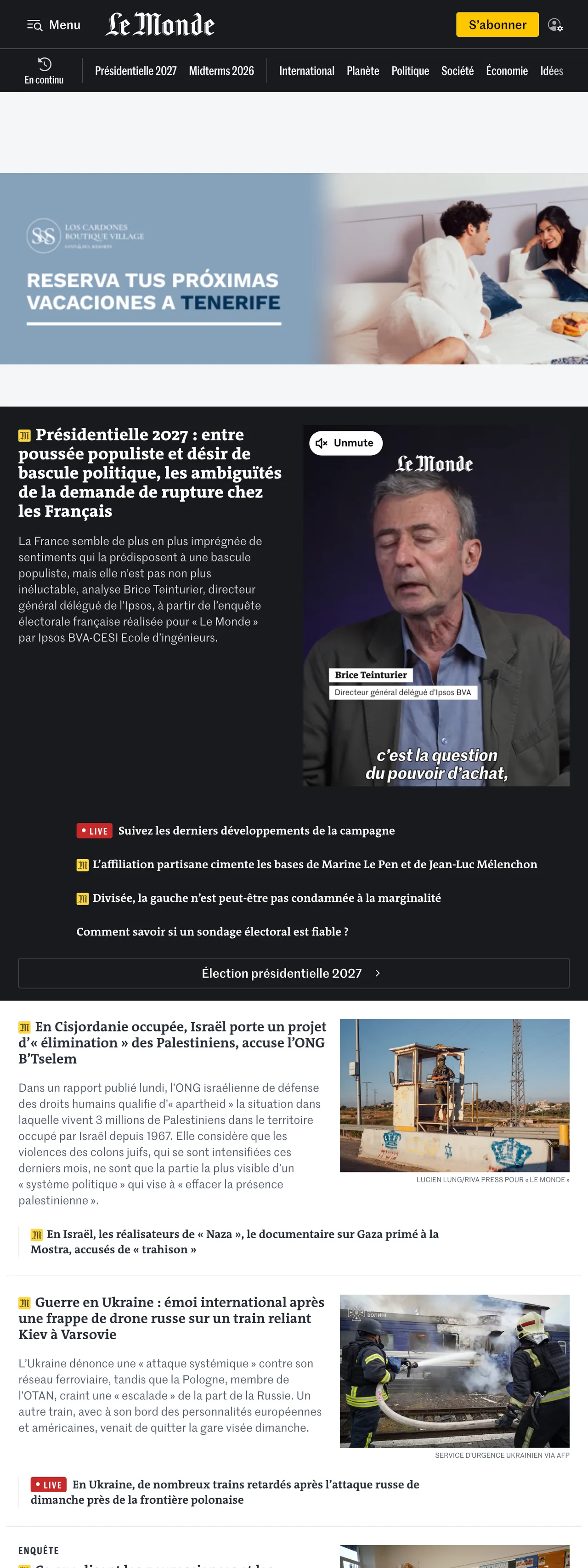 Screenshot of the Le Monde front page