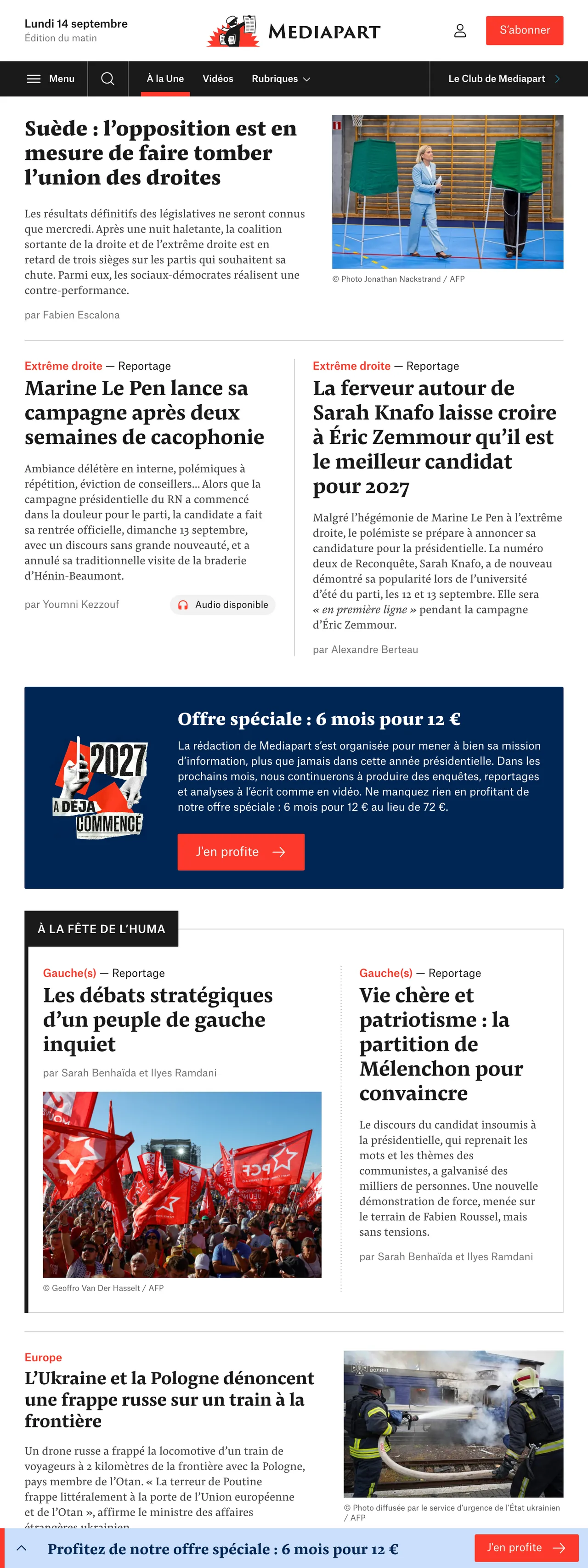 Screenshot of the Mediapart front page