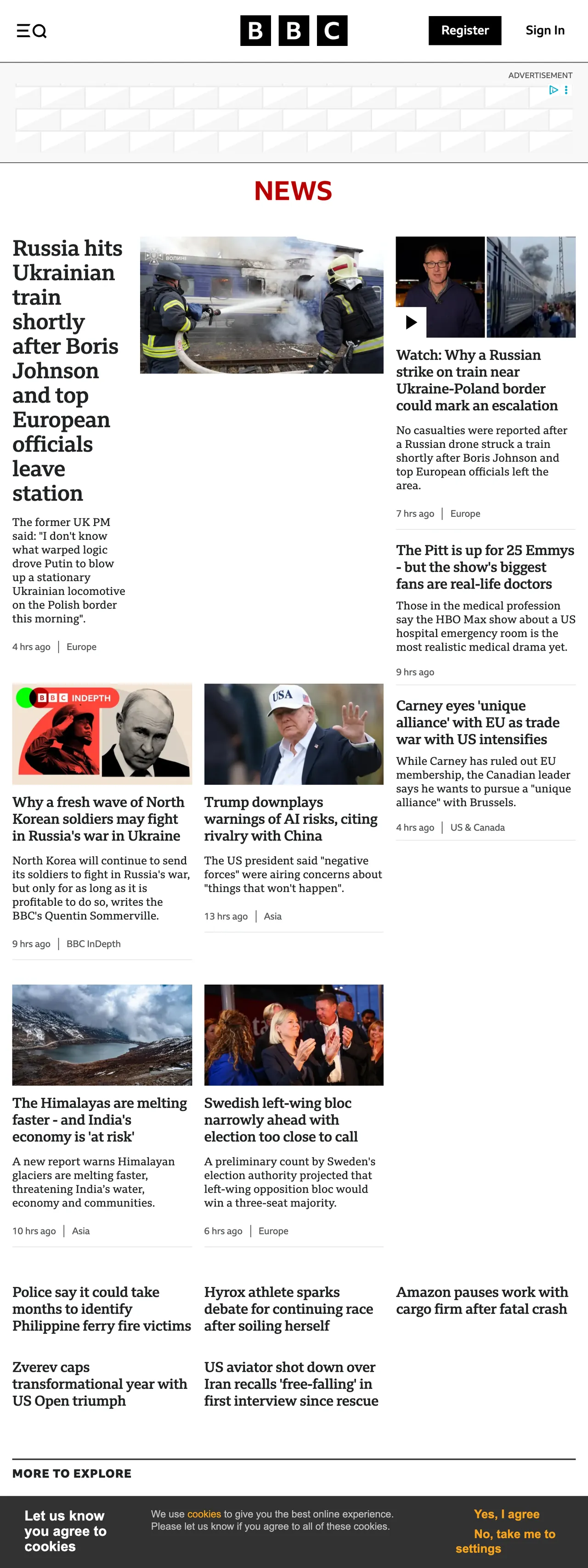 Screenshot of the BBC News front page
