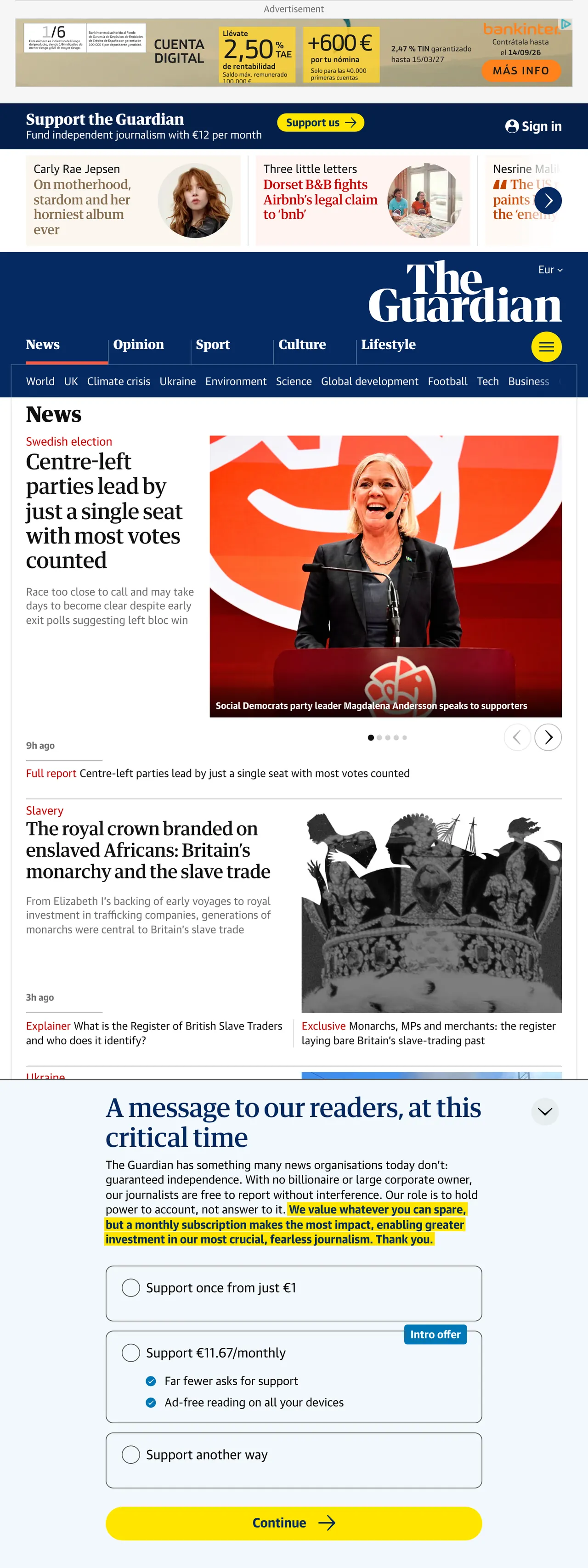 Screenshot of the The Guardian front page