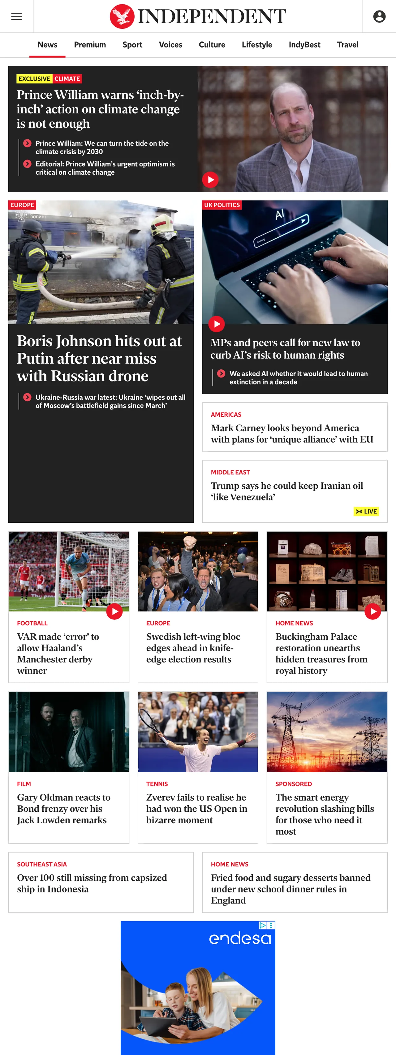 Screenshot of the The Independent front page