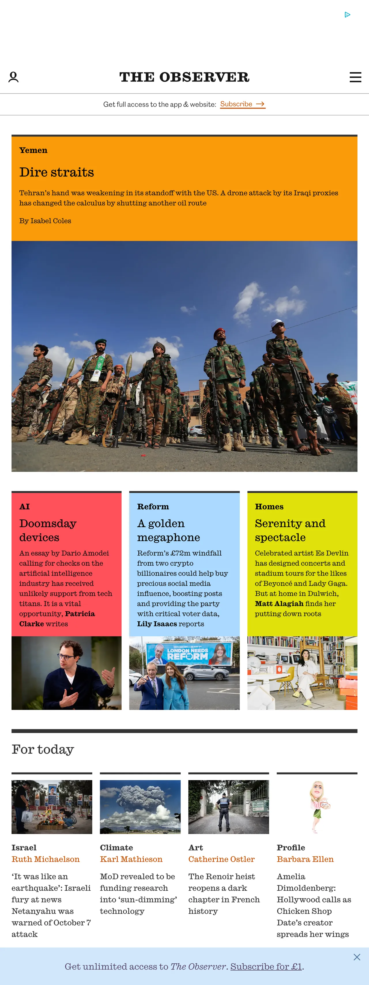 Screenshot of the The Observer front page