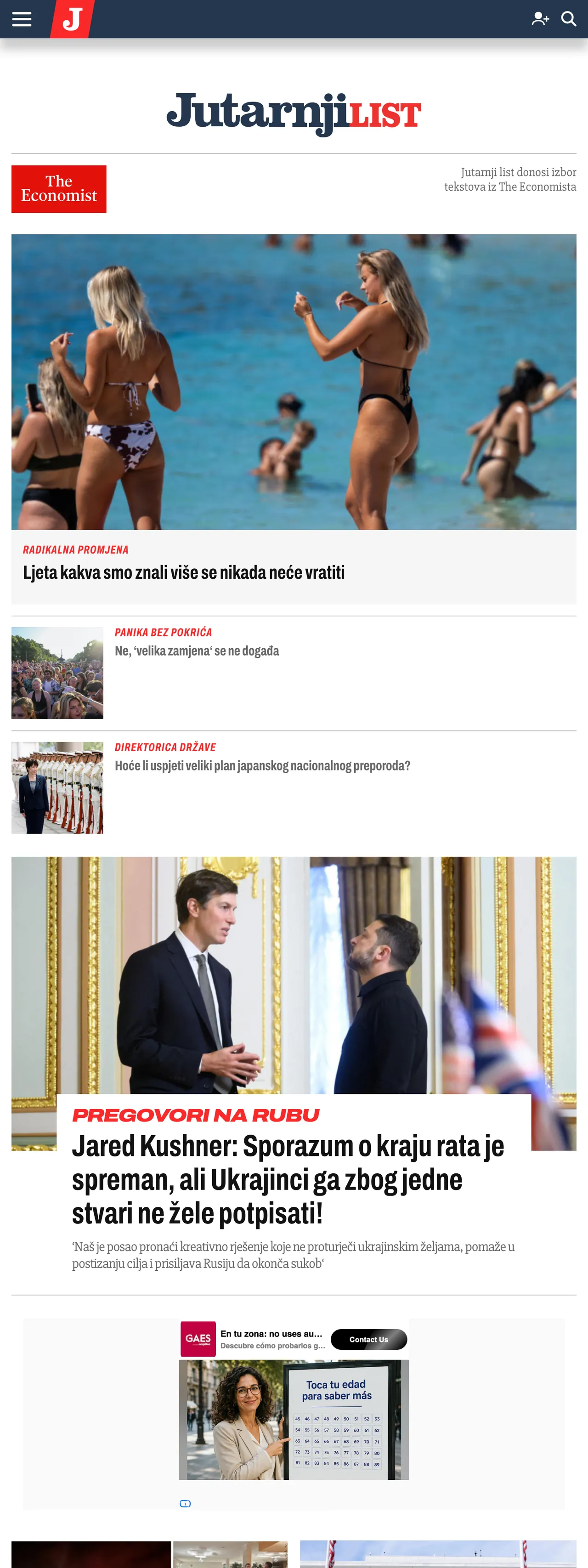Screenshot of the Jutarnji list front page