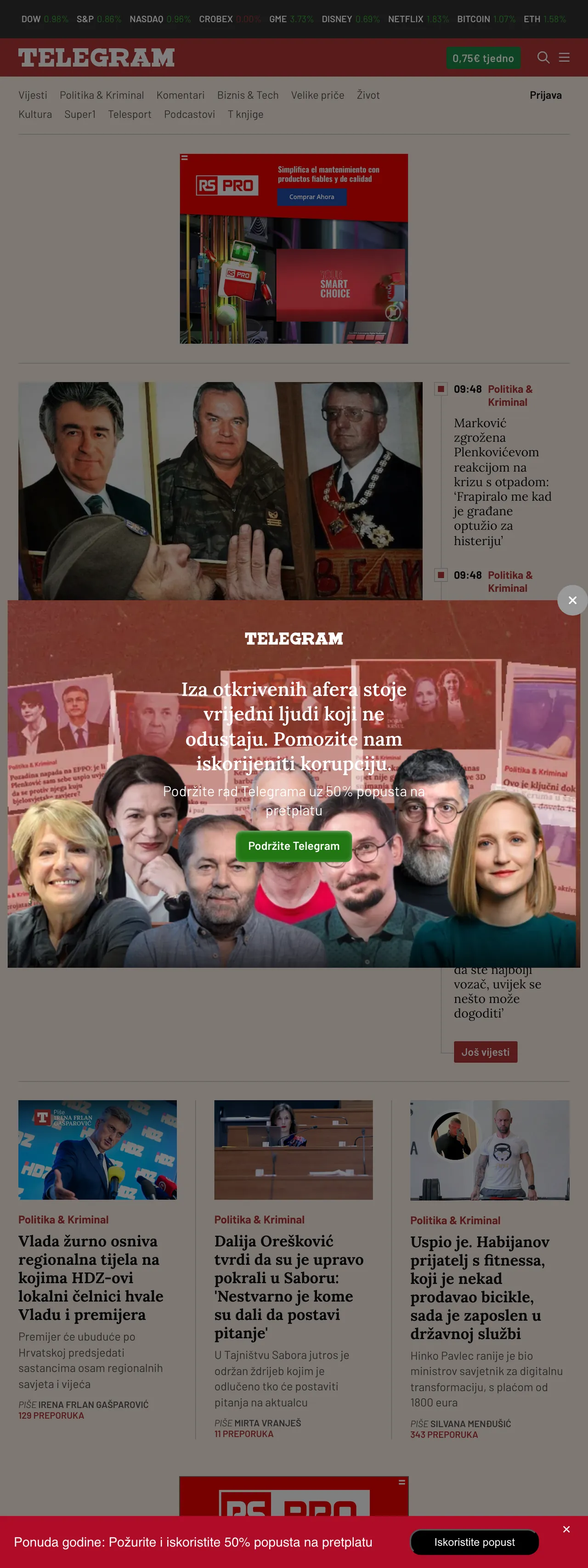 Screenshot of the Telegram.hr front page