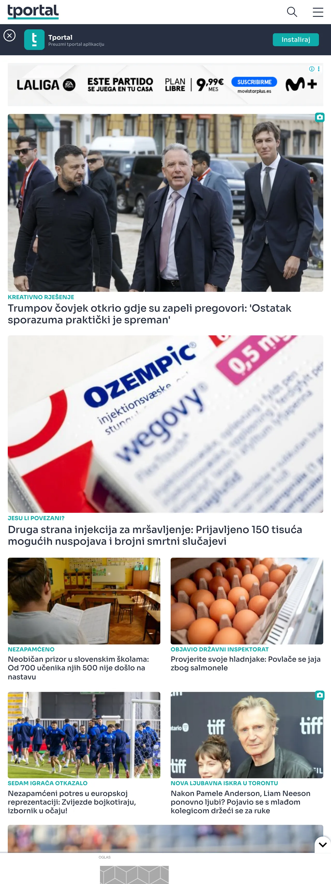 Screenshot of the tportal front page